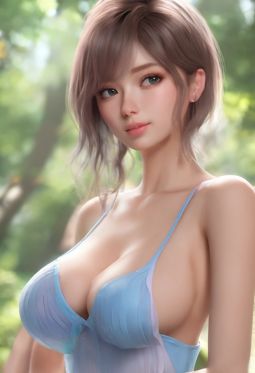 ((huge-breasted)), ((18yr old,)), ((bareness)), Daylight, Sunlight, Bright light, (Perfect body : 1.1), (full bodyesbian), (Short wavy hair:1.2, Dark brown hair, Pink and blue mesh hair, Thin net), Full body shot, ((Raised sexy)), (Very detailed CG 8k wallpaper), (Extremely Delicately Beautiful), (Best quality:1.0), (超A high resolution:1.0), (hentail realism), beautiful lightning ,Perfect lightning, Realistic shadows, [A high resolution], Detailed skin, Ultra-detailed, Slim body), (Beautiful hair, Wavy hair, Real hair, detailed hairs, High ponytail), fine collar bone, Beautiful breasts, Blush, Photorealistic, Realistic face, Beautiful face, Cute face, Realistic eyes, Small eyes, Cute smile, (((Colorful))), (eyes liner), (mascara), (eye shadows), Looking back, Big buttocks