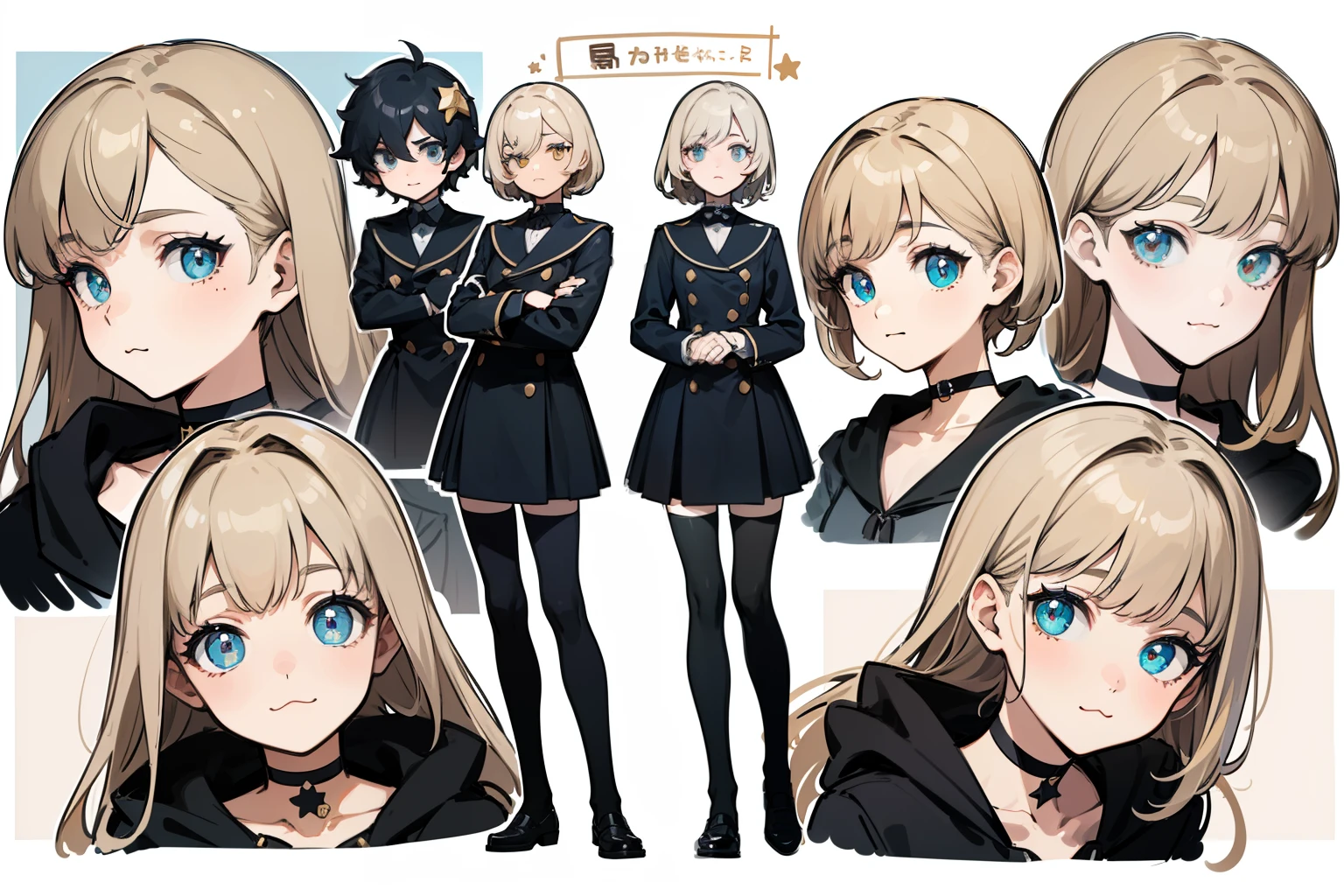 ((Masterpiece, Highest quality)), Detailed face, character sheets, full bodyesbian, Full of details, Multiple poses and expressions, Highly detailed, Depth, Many parts, 1boys , Children all over the body :3,   mitts, Stockings, Black choker, The eye, Star (symbol), pupils in symbol shapes