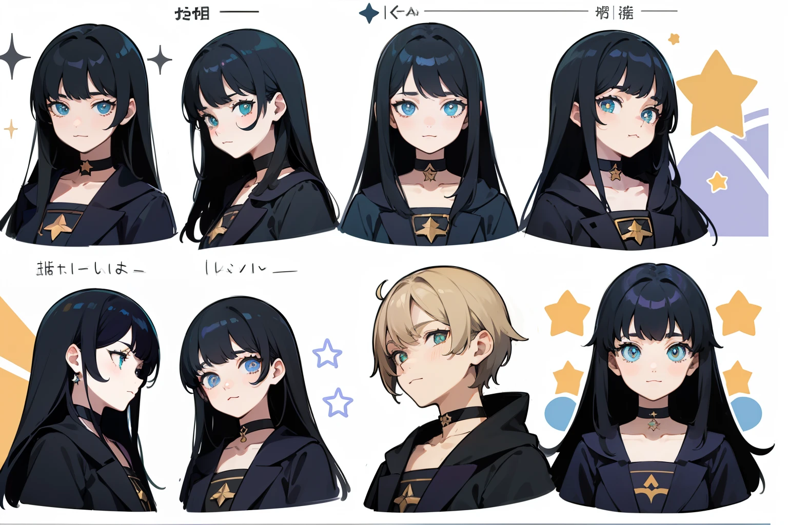 ((Masterpiece, Highest quality)), Detailed face, character sheets, full bodyesbian, Full of details, Multiple poses and expressions, Highly detailed, Depth, Many parts, 1boys , Children all over the body :3, mitts, Stockings, Black choker, The eye, Star (symbol), pupils in symbol shapes