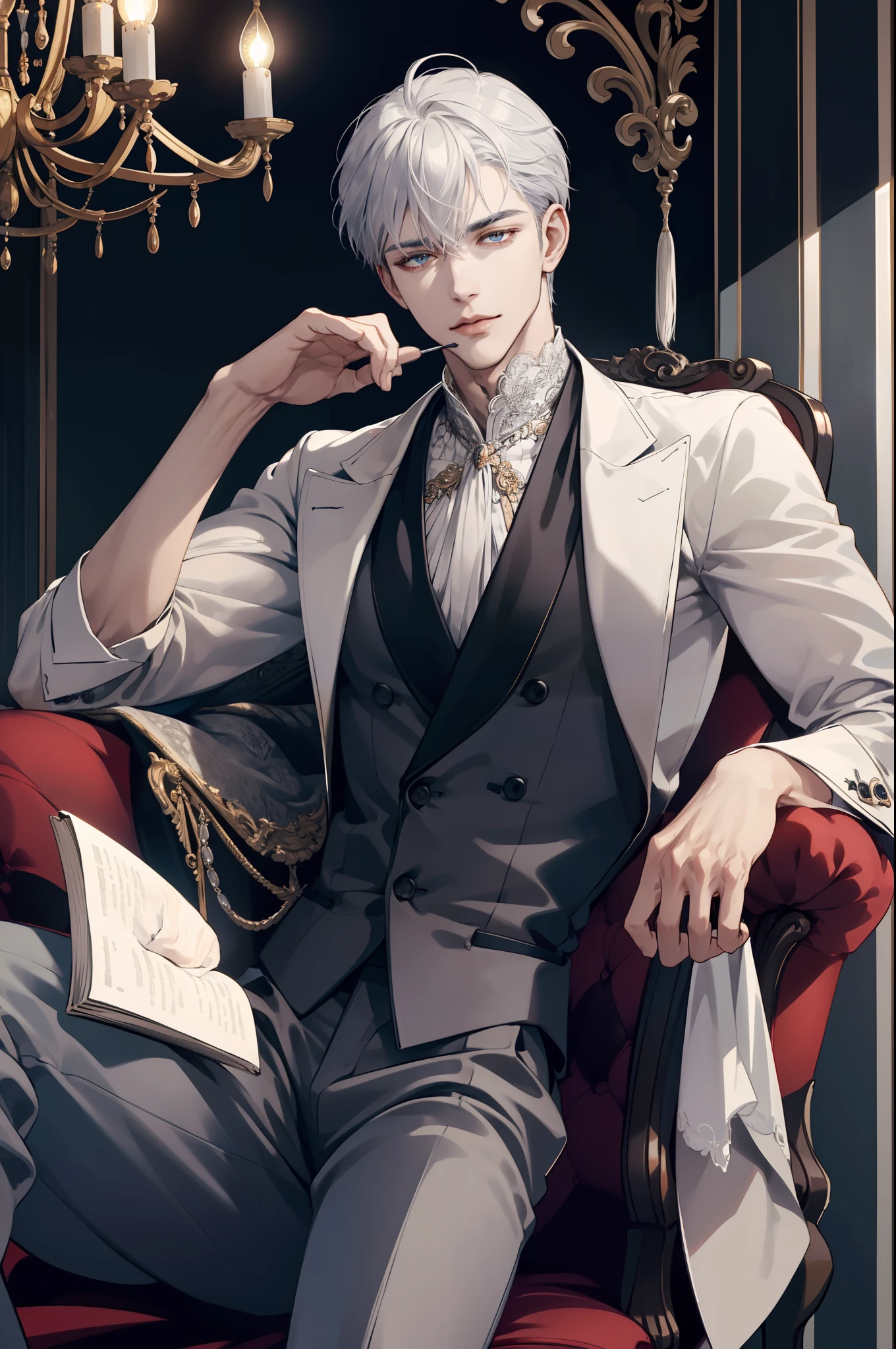A handsome boy with silver hair sitting in an Chair laying his back on it, looking at the ceiling, Charming eyes, England era, aristocrat clothes, Chandelier, Beautiful rich ambience, Highly detailed, peaceful, High contrast, 8k, Balcony,
