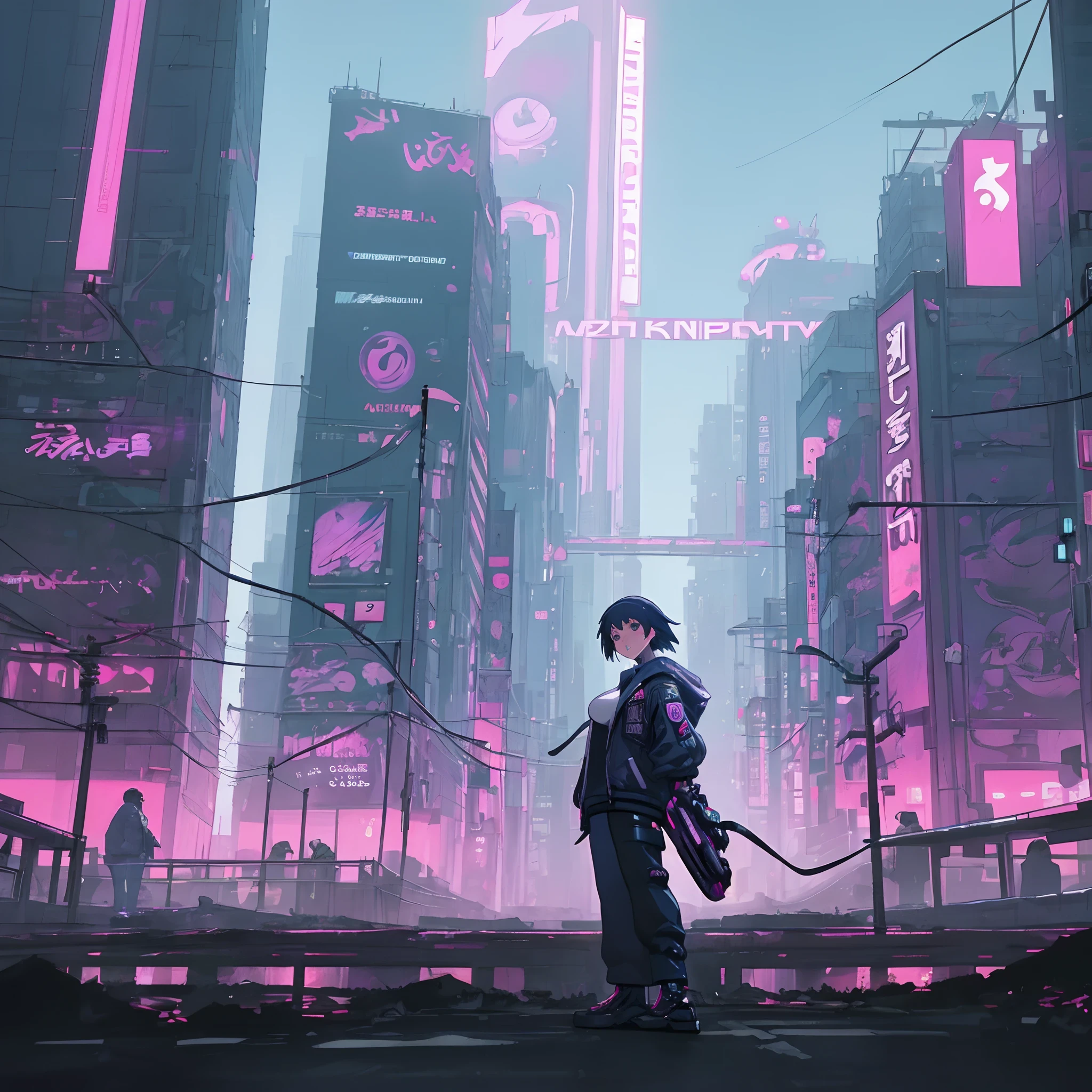 Close up portrait of city with neon sunset background, Synthwave City, vaporwave city, The Aesthetics of Synthwave, Neon City on the background, neo tokyo background, Neon metropolis on background, futuristic city backdrop, cyberpunk aesthetic, The backstory of the city is cyberpunk, Purple Cyberpunk City, Cyberpunk city background, cyberpunk aesthetic, cyberpunk vibe, Cyberpunk cityscape,anime clouds, Anime Background, Anime Sky, beautifull puffy clouds. animesque, style of makoto shinkai, Beautiful anime scenery, anime landscape wallpapers, makoto shinkai art style,Japan girl with a well-formed face,large full breasts,pale skin,beautiful countenance(Blue-haired),colorful jacket,Tokyo at night, In a cyber-punk style,japanese streetwear,tokyo fashion,cyberpunk 2 0 7 7 in jacket,full-length,Engaging pose,Bottom View