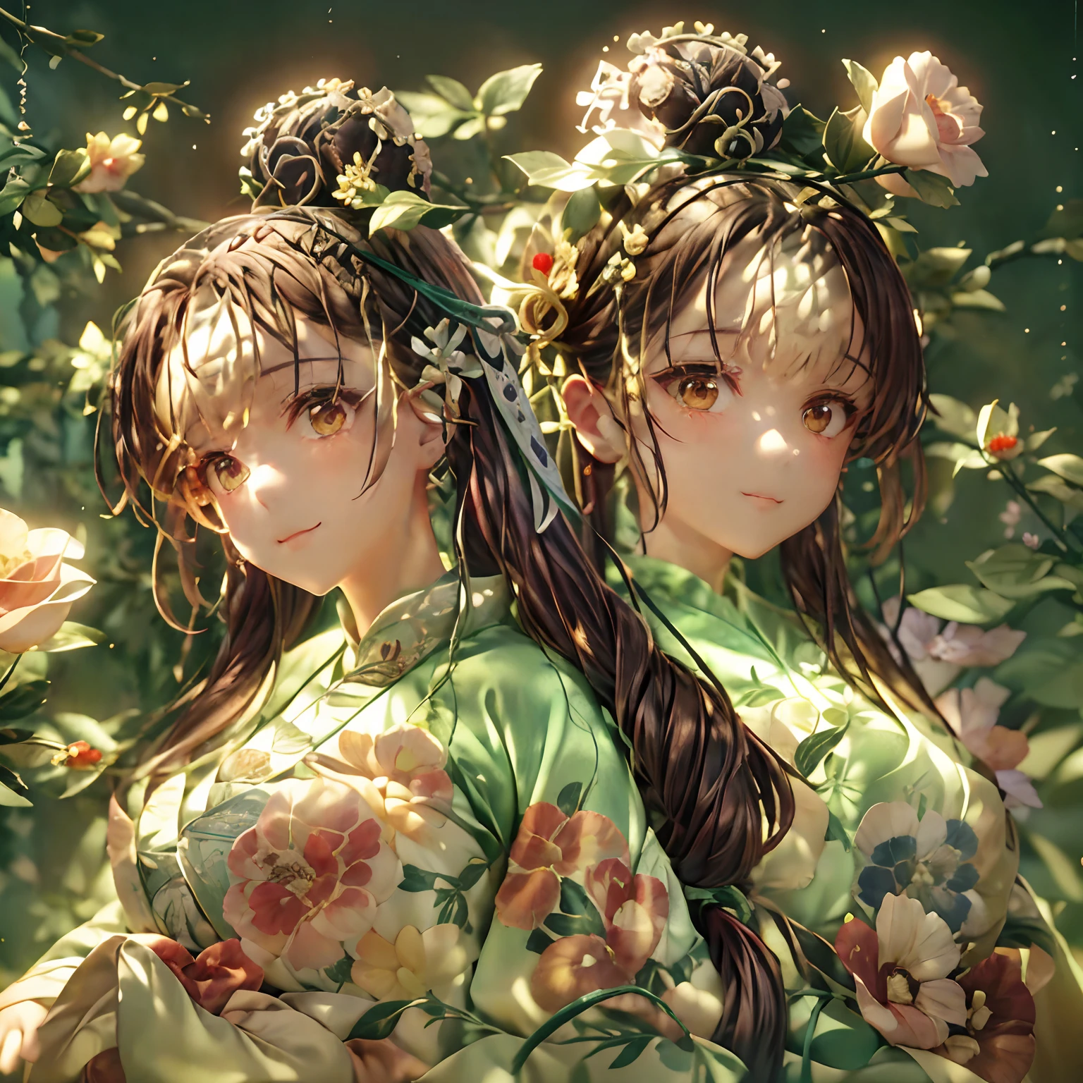 Movie Angle,(Cute girls,anatomy correct,full bodyesbian,Masterpiece camellia,Masterpiece Hanfu,ssmile),(illustratio,paper art,3Drenderingof),(plethora of colors,Best quality,high detal,tmasterpiece,Cinematic lighting effects,4K,Chiaroscuro)