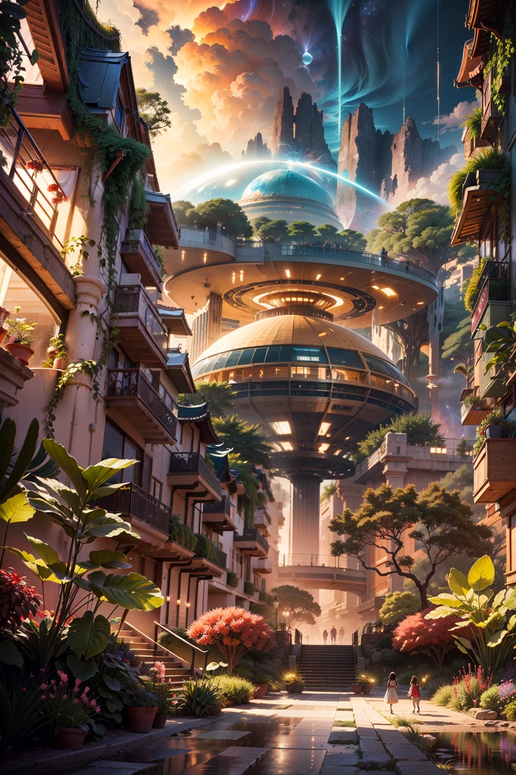 In a whimsical sci-fi world，The picture shows the scene of a two-dimensional science fiction luxury college。The picture shows three different environments：A desert、Rainforest and planetary sky。

The first is the desert environment，You can see the vast yellow desert spreading into the distance，There was silence and mystery。In the middle of the desert，There is a magnificent city school luxury complex towering，It adopts the architectural shape of science fiction style，It feels complex and futurisitic。A jet of water erupts from a fountain on the roof，Reflected in the dazzling sunlight。

Then there's the rainforest environment，Behind the luxury buildings of the city school, a dense rainforest stretches。Towering trees and colorful flowers mingle with each other，Coconut trees sway in the breeze。In this magical rainforest, you can also see alien corals growing on trees，It adds fantasy and strangeness to the whole scene。

Finally, there is the planetary sky environment，In the vast starry sky，The star ring band surrounds the entire picture。Colorful clouds float in the sky，Form beautiful patterns，White auroras also appeared between the stars，Shining with a mesmerizing light。

The entire picture is rendered using ray tracing，The details are extremely fine，Every place shows the perfect composition and sci-fi complexity。This CG-rendered realistic painting gives a grand scene and visual impact，Let the viewer feel a wonderful and magnificent sci-fi world。