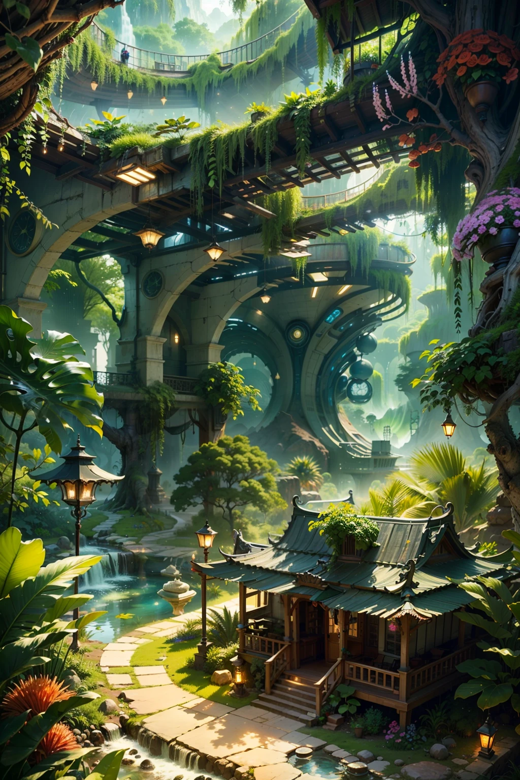 In a whimsical sci-fi world，The picture shows the scene of a two-dimensional science fiction luxury college。The picture shows three different environments：A desert、Rainforest and planetary sky。

The first is the desert environment，You can see the vast yellow desert spreading into the distance，There was silence and mystery。In the middle of the desert，There is a magnificent city school luxury complex towering，It adopts the architectural shape of science fiction style，It feels complex and futurisitic。A jet of water erupts from a fountain on the roof，Reflected in the dazzling sunlight。

Then there's the rainforest environment，Behind the luxury buildings of the city school, a dense rainforest stretches。Towering trees and colorful flowers mingle with each other，Coconut trees sway in the breeze。In this magical rainforest, you can also see alien corals growing on trees，It adds fantasy and strangeness to the whole scene。

Finally, there is the planetary sky environment，In the vast starry sky，The star ring band surrounds the entire picture。Colorful clouds float in the sky，Form beautiful patterns，White auroras also appeared between the stars，Shining with a mesmerizing light。

The entire picture is rendered using ray tracing，The details are extremely fine，Every place shows the perfect composition and sci-fi complexity。This CG-rendered realistic painting gives a grand scene and visual impact，Let the viewer feel a wonderful and magnificent sci-fi world。