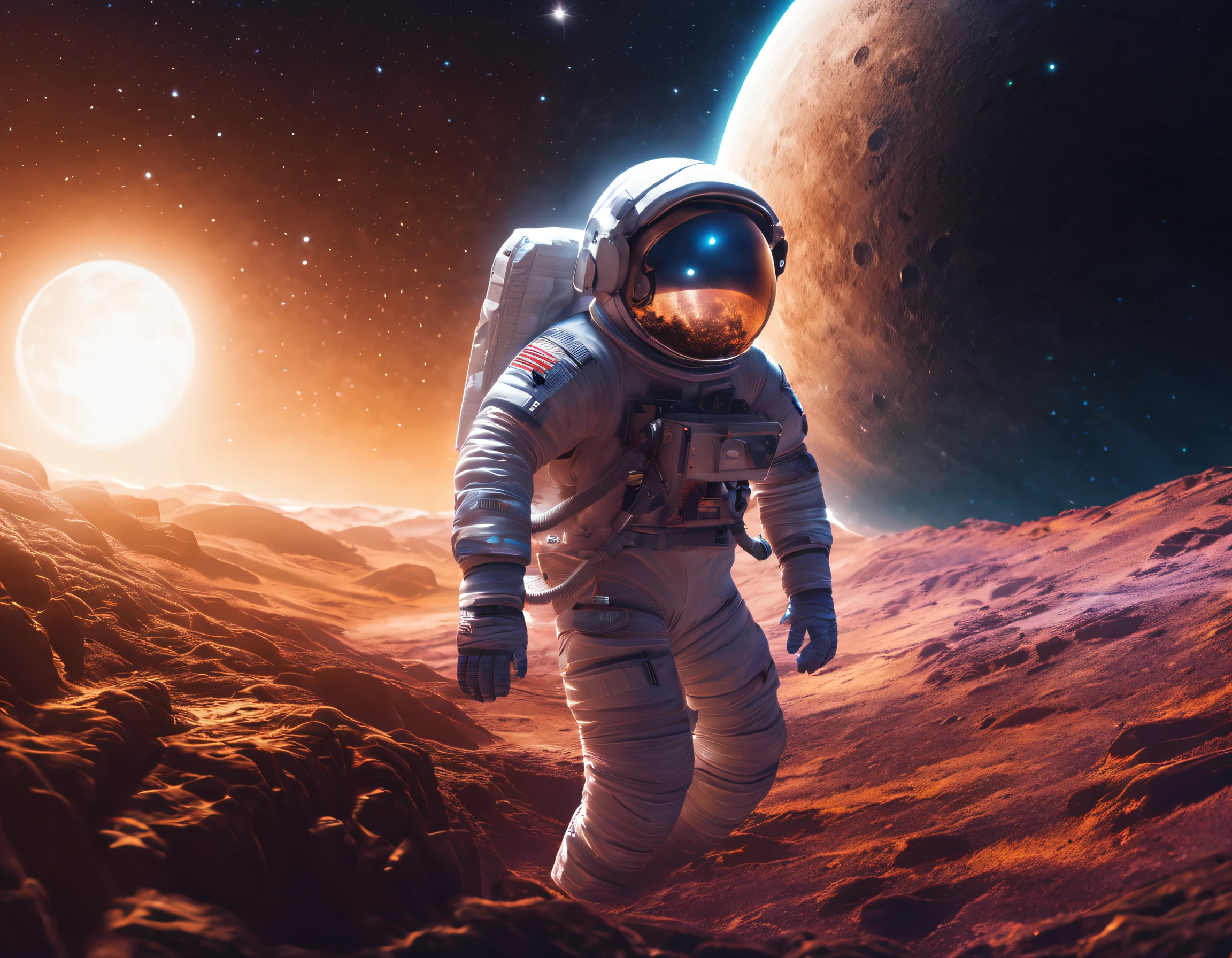 a,astronaut,exploring,new planet,hovering,above the surface,sparkling stars,illuminating,the empty space,breath-taking view,best quality,ultra-detailed,realistic,sci-fi,mysterious colors,soft lighting,moon in the background,crisp details,professional