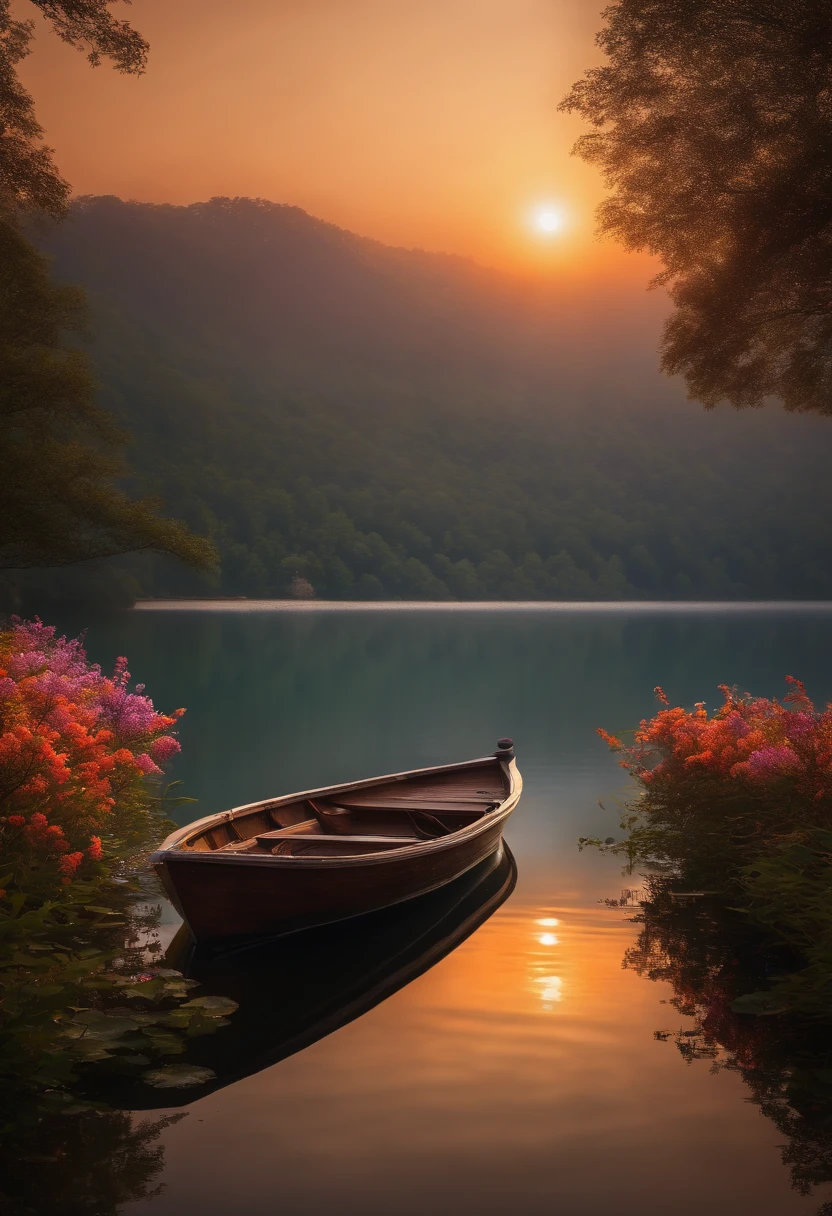 (best quality,4k,8k,highres,masterpiece:1.2),ultra-detailed,(realistic,photorealistic,photo-realistic:1.37),woman,beautiful detailed eyes,beautiful detailed lips,extremely detailed eyes and face,long eyelashes,red flower,serene lake,orange sun,reflecting sunlight,golden ripples,dreamlike atmosphere,misty scenery,ethereal beauty,soft and vibrant colors,subtle lighting,enchanted surroundings,whispering breeze,peaceful ambiance,natural harmony,silhouette of trees on the horizon,floating petals,tranquil water,shimmering reflection,serenity and tranquility,graceful feminine presence,majestic sunset, purple and orange sky,gentle ripples on the water surface,mysterious allure,surreal backdrop,sublime and mesmerizing composition,secluded serenade,a moment frozen in time,captivating and ethereal, boat in the middle of the sea, sea, ocean, beach, boat