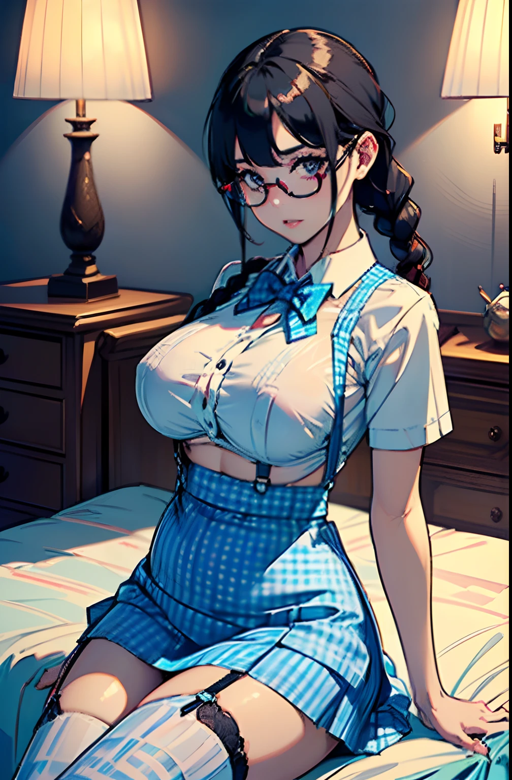 female,1 person, (​master piece:1.4),(hyper quality:1.2),(Hyper Detailed:1.4),(Perfect drawing),NFSW, 3D,16 K,((clearface)),(Hi-Res),Kobeya Kos,(masterpiece1.5),hyper quality, Hyper Detailed,Perfect drawing,NFSW,3D、16K illustrations、((clearface))、Hi-Res、adult lady,Cartoon image of race girl sexy art, bright red underwear,Huge perky breasts with big puffy nipples, exposed niples, visible nipples,Crimson panties, Solo,Red BRA, (((braid))), Long hair, half-opened mouth,  ((Red Frame Glasses),Underwear only, ((Hair braided in two)), Bare arms, Bare shoulders, Black hair, large eyes with double eyelids,,lofty nose,Thick lip,Luxury lingerie,pretty Panties, Cowboy Shot, Pink light、Nice backgrounds for your subject、beatiful backgrounds、spot light、Vibrant colors、(((Detailed drawing)))、Perfect Beautiful Girl、(((Perfect Photo)))an anime female in white underwear sits on a bed with a spread out sheet, 1girl, solo, breasts, underwear, panties, pantyhose, black hair, navel, indoors, long hair, shirt lift, shirt, clothes lift, looking at viewer, sitting, underboob, white panties, bangs, panties over pantyhose, white shirt, black pantyhose
(woman samurai:1.2), (Light Blue Gingham Checker Suspender Skirt:1.4), (Long skirt:1.2), (White blouse:1.3), ((double-breasted. Underbust):1.2), (Solid blue bow tie:1.3), (Short sleeves, buttonGap),,round and big buttocks,Butt sticking out pose,focus on the ass,shapely butt,nice background,mansion,palatial palace,borgar,((beatiful backgrounds)),(((Detailed drawing))),Perfect Beautiful Girl,Perfect Photo
