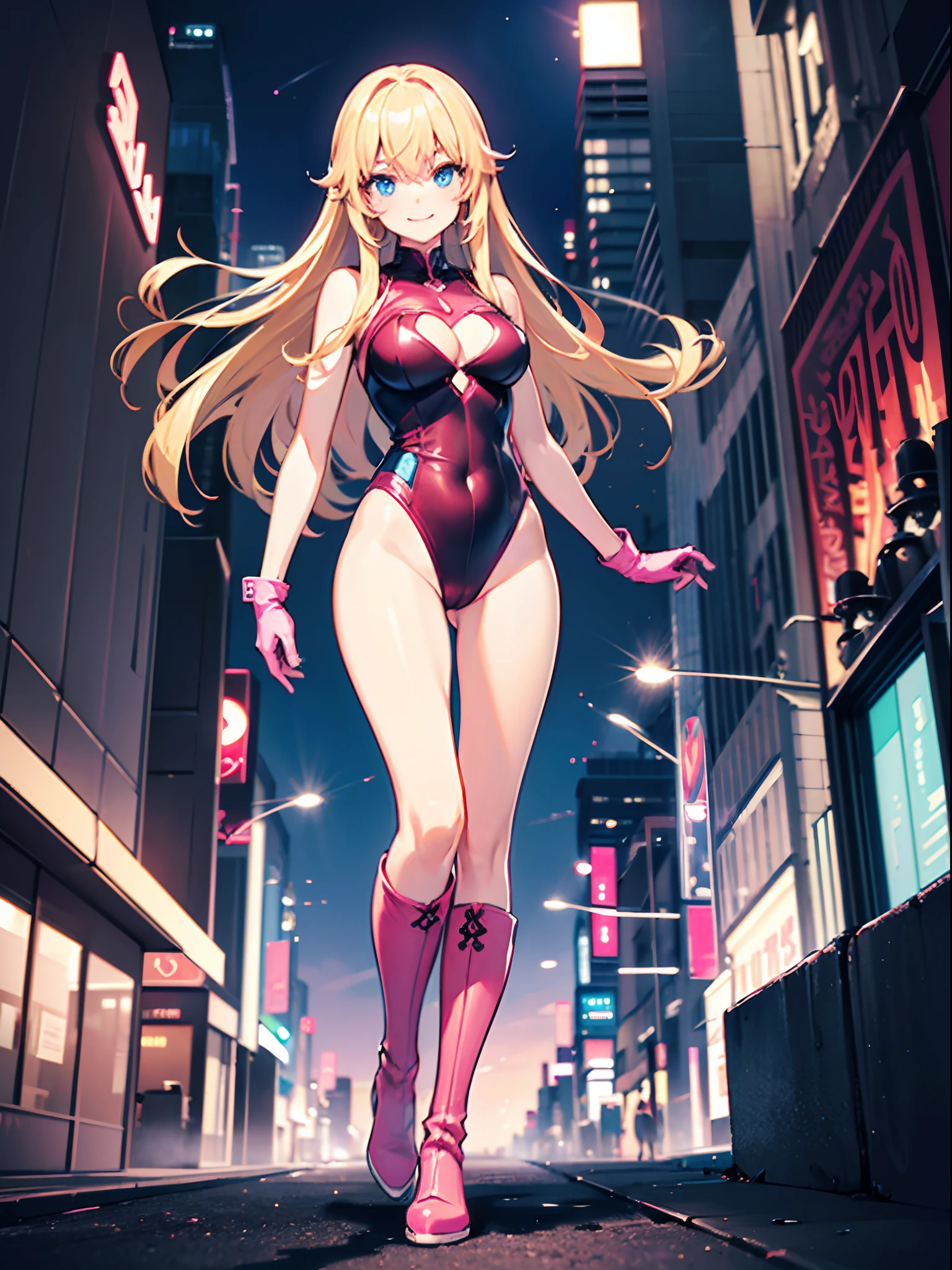 masterpiece)), ((best quality)), ((high res)), 1girl, solo, leotard, bare legs, matching boots, sleeveless, looking at the viewer, city backdrop, perfect hands, perfect eyes, perfect leotard, perfect legs, perfect arms, perfect fingers, perfect anatomy, medium breasts, pink leotard, blonde hair, long hair, knee boots, blue eyes, heart cutout, cute face, hair down, bangs, sleeveless, pink gloves, pink footwear, cleavage cutout, superhero, solo, casual, smile, single, stand, standing