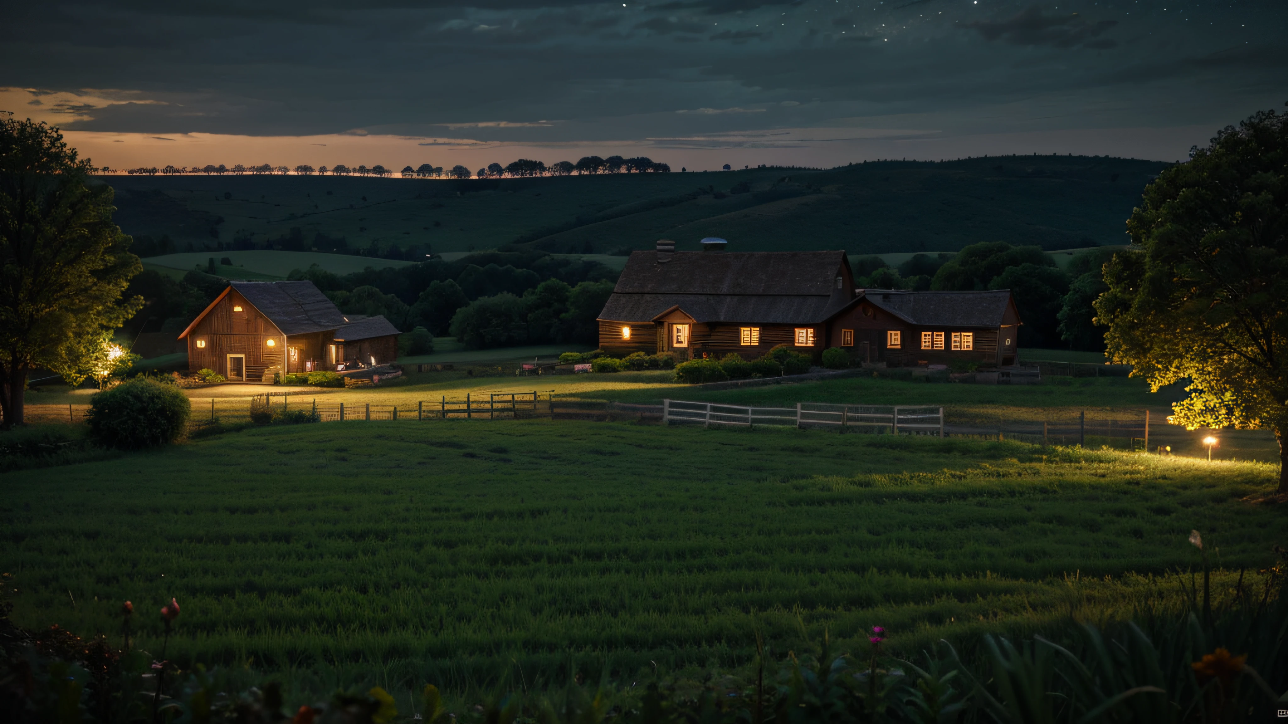 Very realistic, best quality, extremely detailed, farm, night,