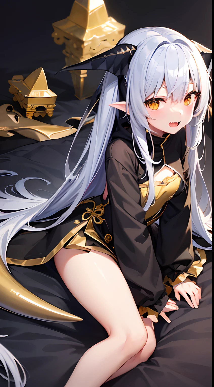 hight resolution、hightquality、ultra-detailliert、8k wallpaper、1人の女性、Beautiful fece、Wearing a shark costume、Teeth are shark fangs、Kamimei、Melancholy is in the air、Lovers feeling、Be loved、Familiarity、Lots of gold and black、Gold and black background