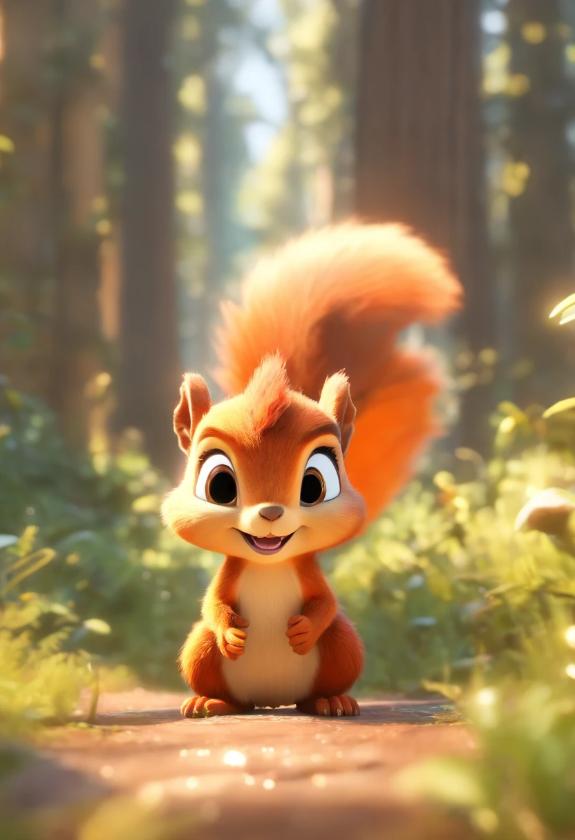 （Pixar style),bit girl，Little squirrel，baby dino，in the early morning，ln the forest, Miniature character model, Light source from right to left, Rum lighting, Light source from right to left, (iso-distance view), (Top down), Realistic proportions, Post-processing, ((Orthogonal perspective)), Super detail, Realistic, Super realistic, photoreal render, Irridescent color, glitters