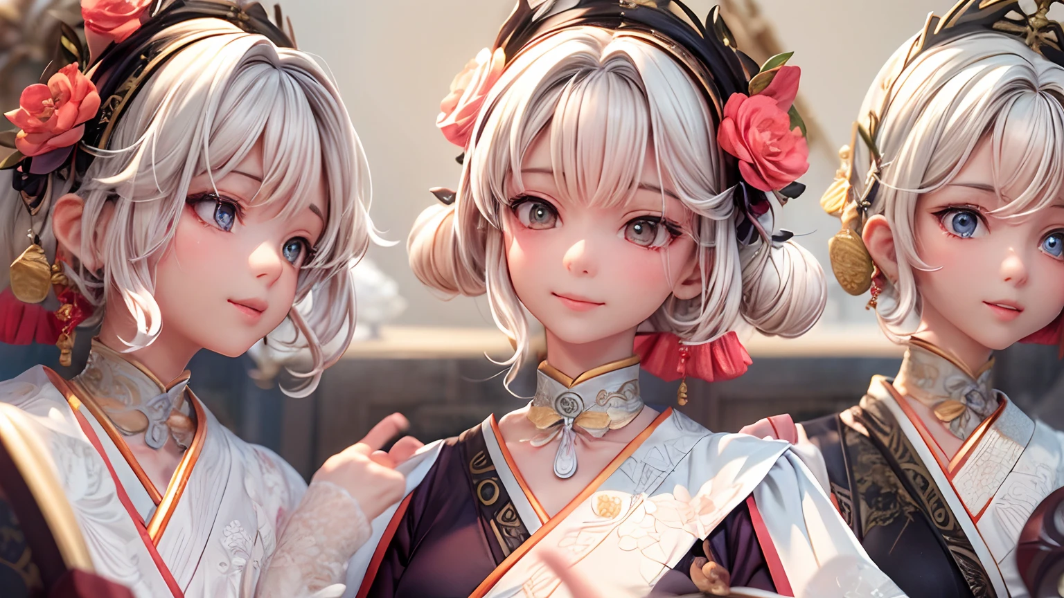 Movie Angle，（Cute girls，??????? correct，full bodyesbian，Masterpiece camellia，Masterpiece Hanfu，ssmile），（illustratio，paper art，3Drenderingof），（plethora of colors，Best quality，high detal，tmasterpiece，Cinematic lighting effects，4K，Chiaroscuro）