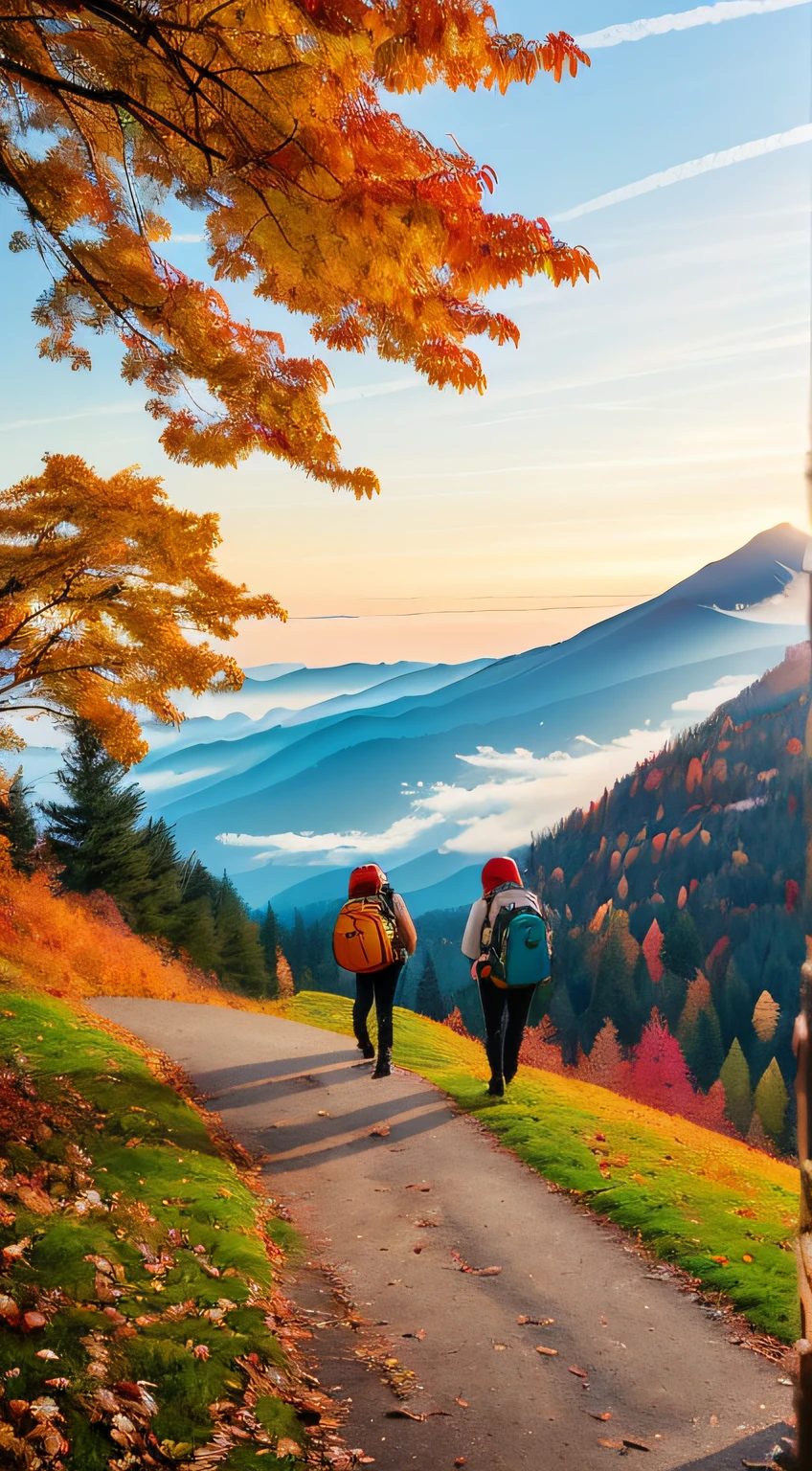 there are two people standing on a hill with backpacks， by Atey Ghailan， atey ghailan 8 k， in style of atey ghailan， Inspired by Atey ghailan， autumn mountains， kawaii， Lofi art， traveling through the mountains， author：Sylvain Salair， cyril rolando and goro fujita，Illustration style style，Autumn leaves fall，Full of maple leaves，High in the mountains，hilltop