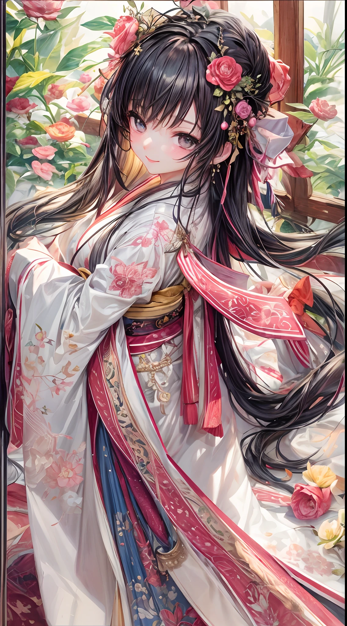 Movie Angle，（Cute girls，anatomy correct，full bodyesbian，Masterpiece camellia，Masterpiece Hanfu，ssmile），（illustratio，paper art，3Drenderingof），（plethora of colors，Best quality，high detal，tmasterpiece，Cinematic lighting effects，4K，Chiaroscuro）