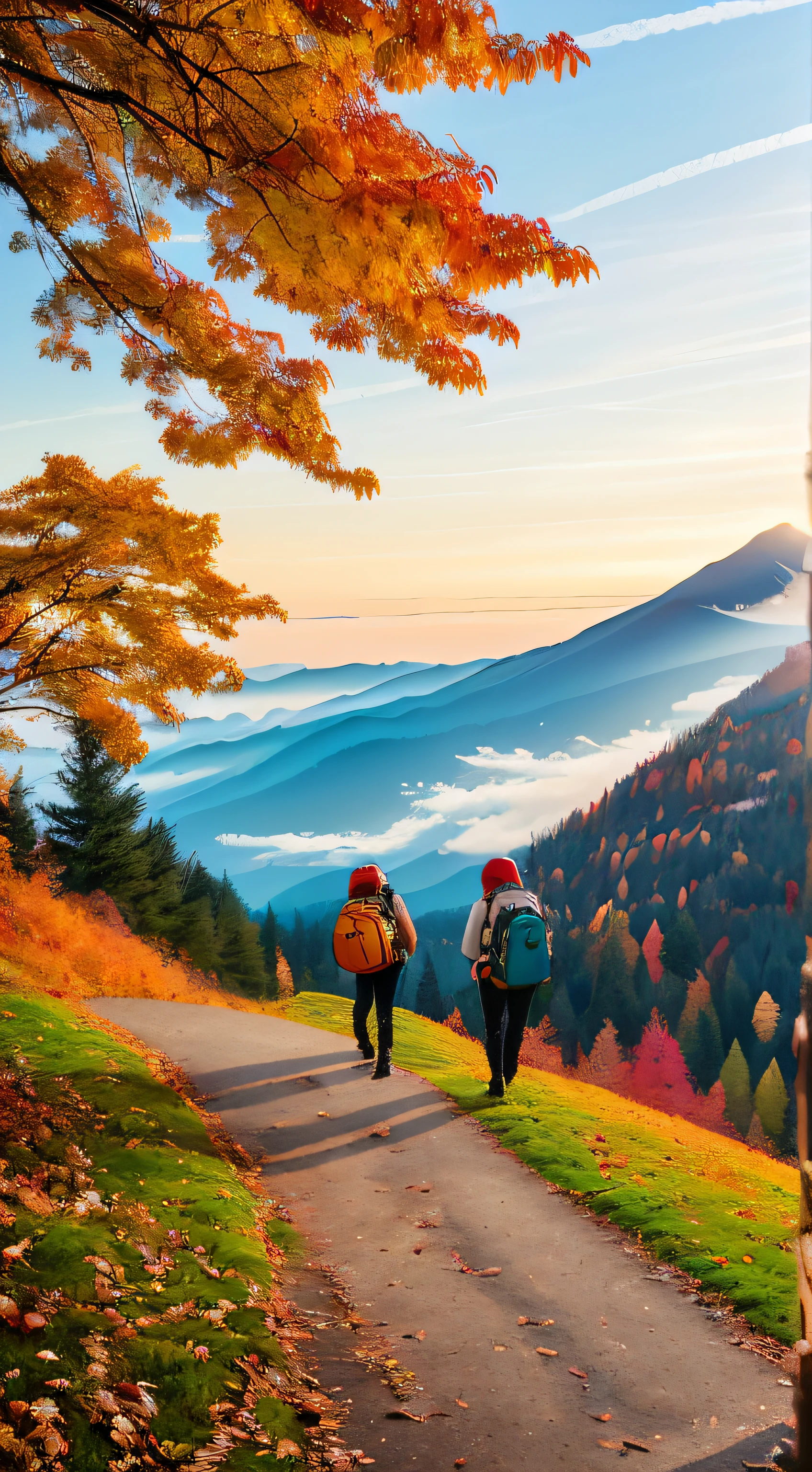 there are two people standing on a hill with backpacks, by Atey Ghailan, atey ghailan 8 k, in style of atey ghailan, Inspired by Atey ghailan, autumn mountains, kawaii, Lofi art, traveling through the mountains, author:Sylvain Salair, cyril rolando and goro fujita,Illustration style style,Autumn leaves fall,Full of maple leaves,High in the mountains,hilltop