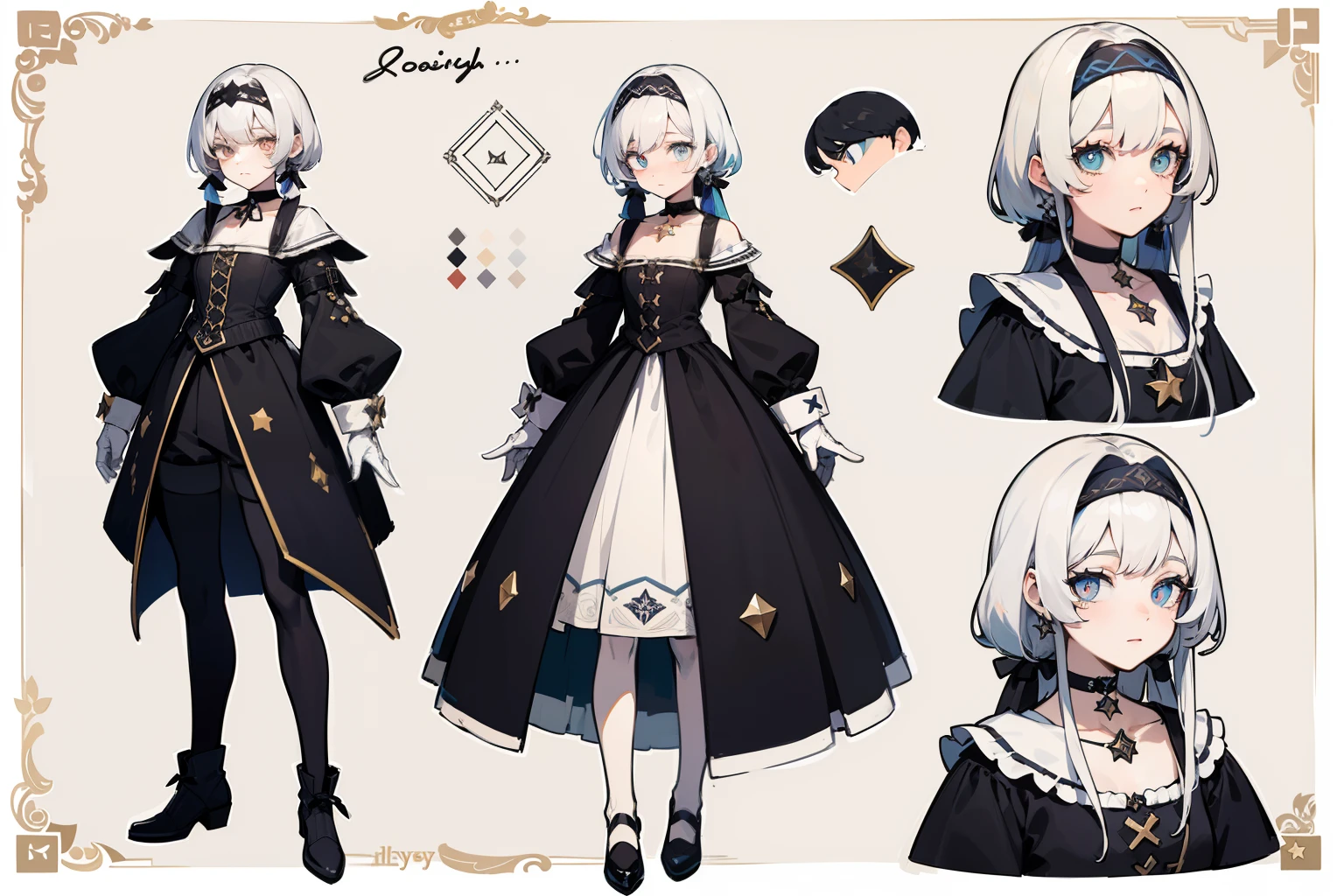 ((Masterpiece, Highest quality)), Detailed face, character sheets, full bodyesbian, Full of details, Multiple poses and expressions, Highly detailed, Depth, Many parts, 1boys , Children all over the body,white color hair，Black pick dye， mitts, Stockings, Black choker, The eye, Star (symbol), pupils in symbol shapes