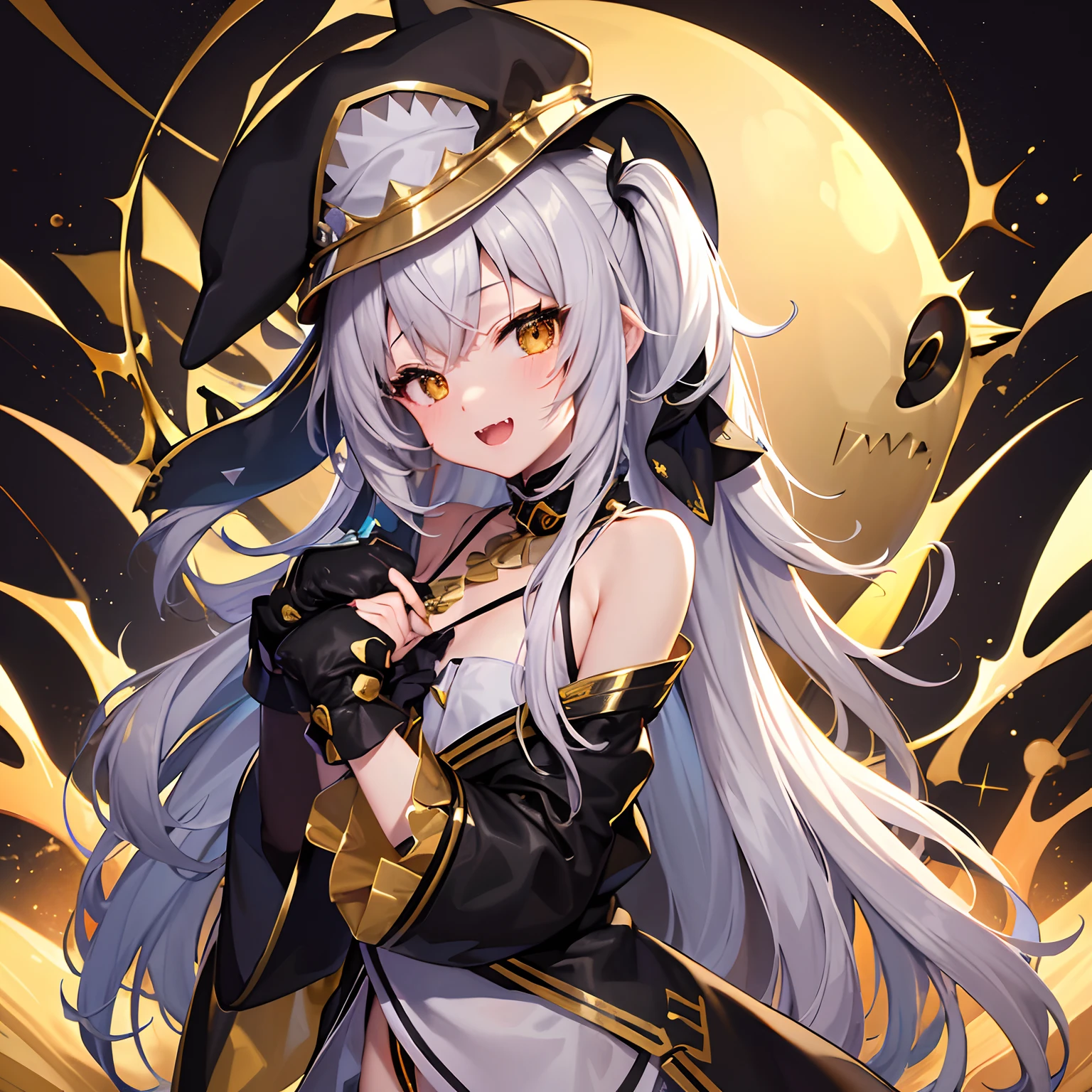 hight resolution、hightquality、ultra-detailliert、8k wallpaper、1人の女性、Only 1 person、Beautiful fece、Wearing a shark costume、Teeth are shark fangs、Kamimei、Melancholy is in the air、Lovers feeling、Be loved、Familiarity、Lots of gold and black、Gold and black background