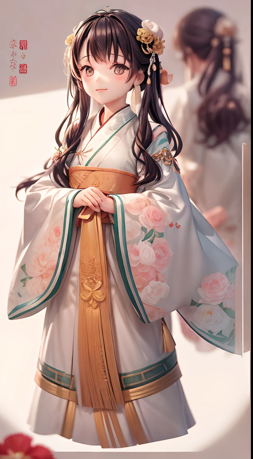 Movie Angle,(Cute girls,anatomy correct,full bodyesbian,Masterpiece camellia,Masterpiece Hanfu,ssmile),(illustratio,paper art,3Drenderingof),(plethora of colors,Best quality,high detal,tmasterpiece,Cinematic lighting effects,4K,Chiaroscuro)