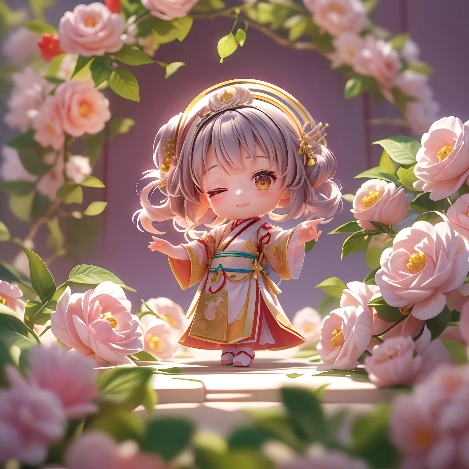 cinematic angle,( cute female child,anatomically correct,full body,Masterpiece camellia,Masterpiece Hanfu,smile),(illustration,paper art,a 3D render),(extremely colorful, Best quality, high detailed, Masterpiece,  Cinematic Lighting, 4K, Chiaroscuro)