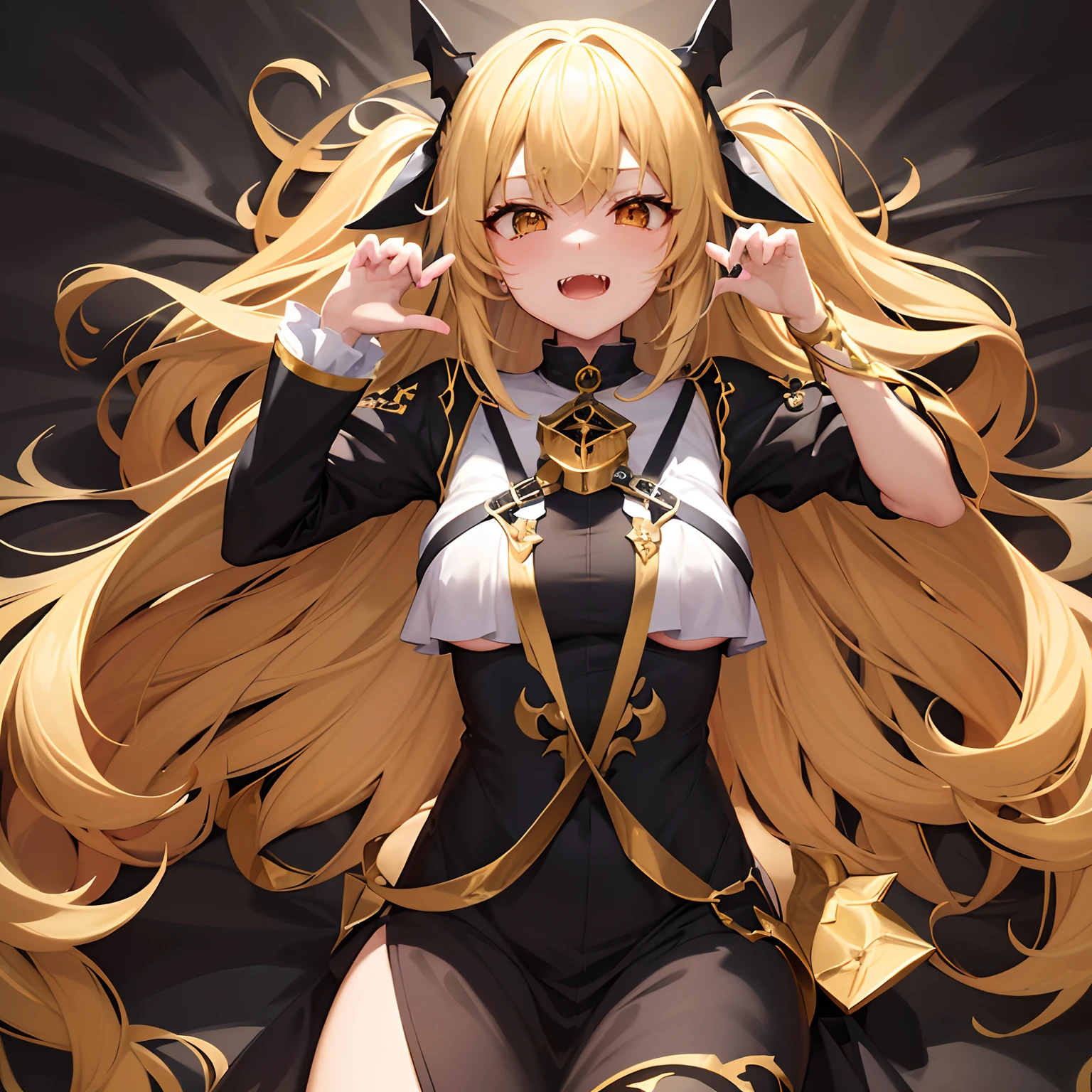 hight resolution、hightquality、ultra-detailliert、8k wallpaper、1人の女性、Only 1 person、Beautiful fece、Wearing a shark costume、Teeth are shark fangs、Kamimei、Melancholy is in the air、Lovers feeling、Be loved、Familiarity、Lots of gold and black、Gold and black background