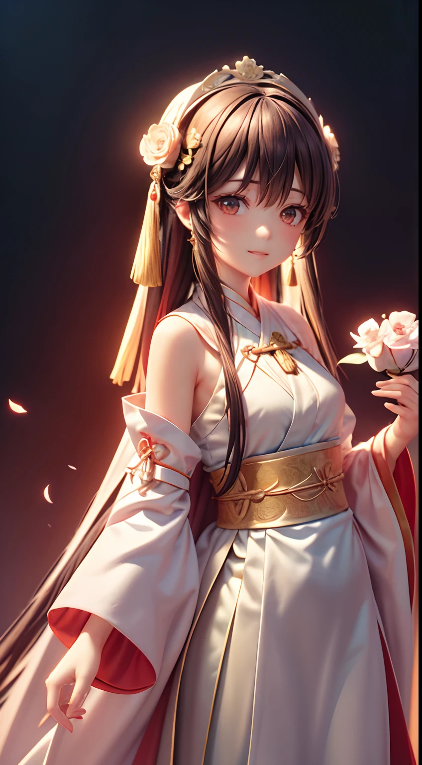 Movie Angle，（Cute girls，anatomy correct，full bodyesbian，Masterpiece camellia，Masterpiece Hanfu，ssmile），（illustratio，paper art，3Drenderingof），（plethora of colors，Best quality，high detal，tmasterpiece，Cinematic lighting effects，4K，Chiaroscuro）