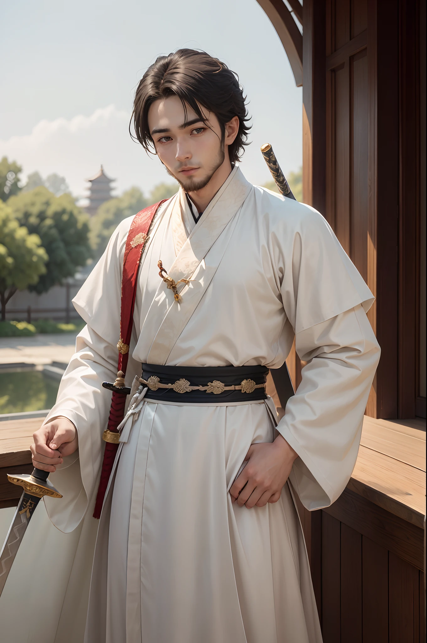 a 20 years old man, with a little beard, (wears white hanfu), with hair typed, (hold on a chinese sword in scabbard), (bright eyes), (cold eyes), gradient eyes, anime, reflection light, ray tracing, depth of field, cowboy shot, cinematic lighting, masterpiece, best quality, high details, highres, HD, 1080P