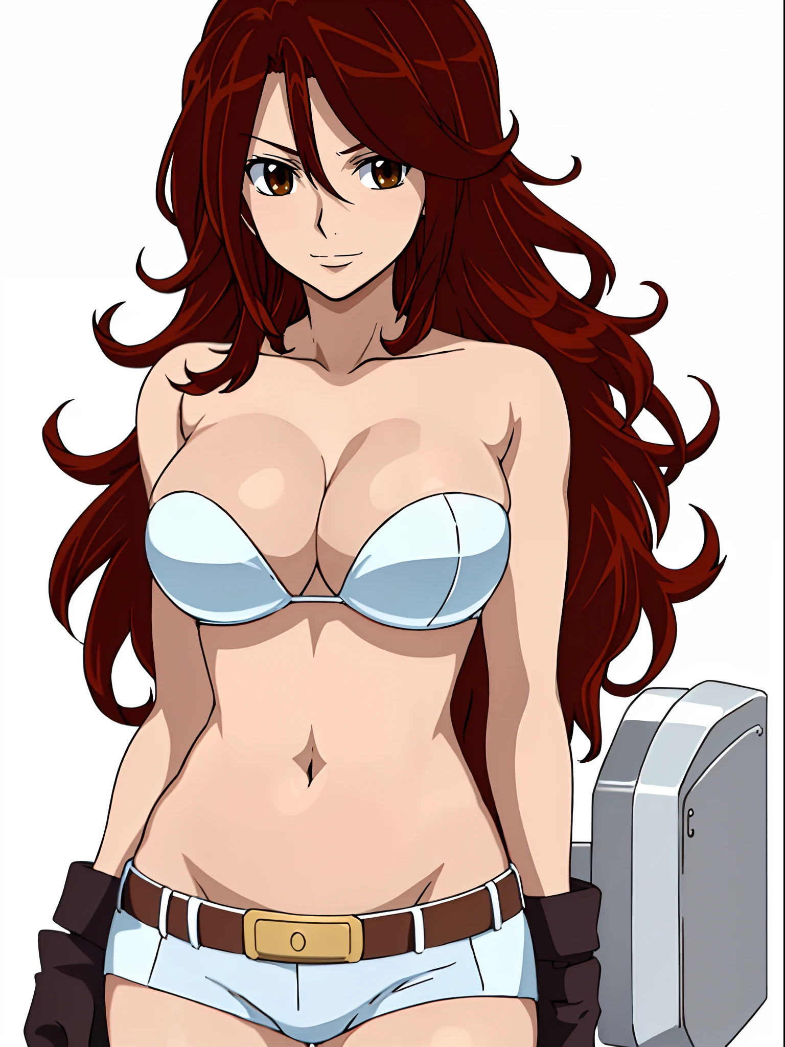 ((solo)), Best Quality, hires, curvy midsection, (tilt head, female wrestler, detailed muscles), smile, happy), upper body only, anime style: 1.8, anime drawing, ultra detailed face, ultra detailed body, 4k, Sumergai Lee Noriega, (standing), best quality, anime style, hires, highest definition, digital blending, bold drawing lines, (((White Background))), ( (pro female wrestler), long attractive belly, slim body, ((strong arm muscles)), broad shoulders , off-shoulders, closed fists, (strapless bikini, shorts, white gloves, , arm band, (champion belt))), (large breasts, defined cleavage, closed mouth, sexy navel, shiny skin), (big eyes, brown eyes, shiny eyes), (reddish hair, loose hair, curly hair, wavy hair, long hair, floating hair)