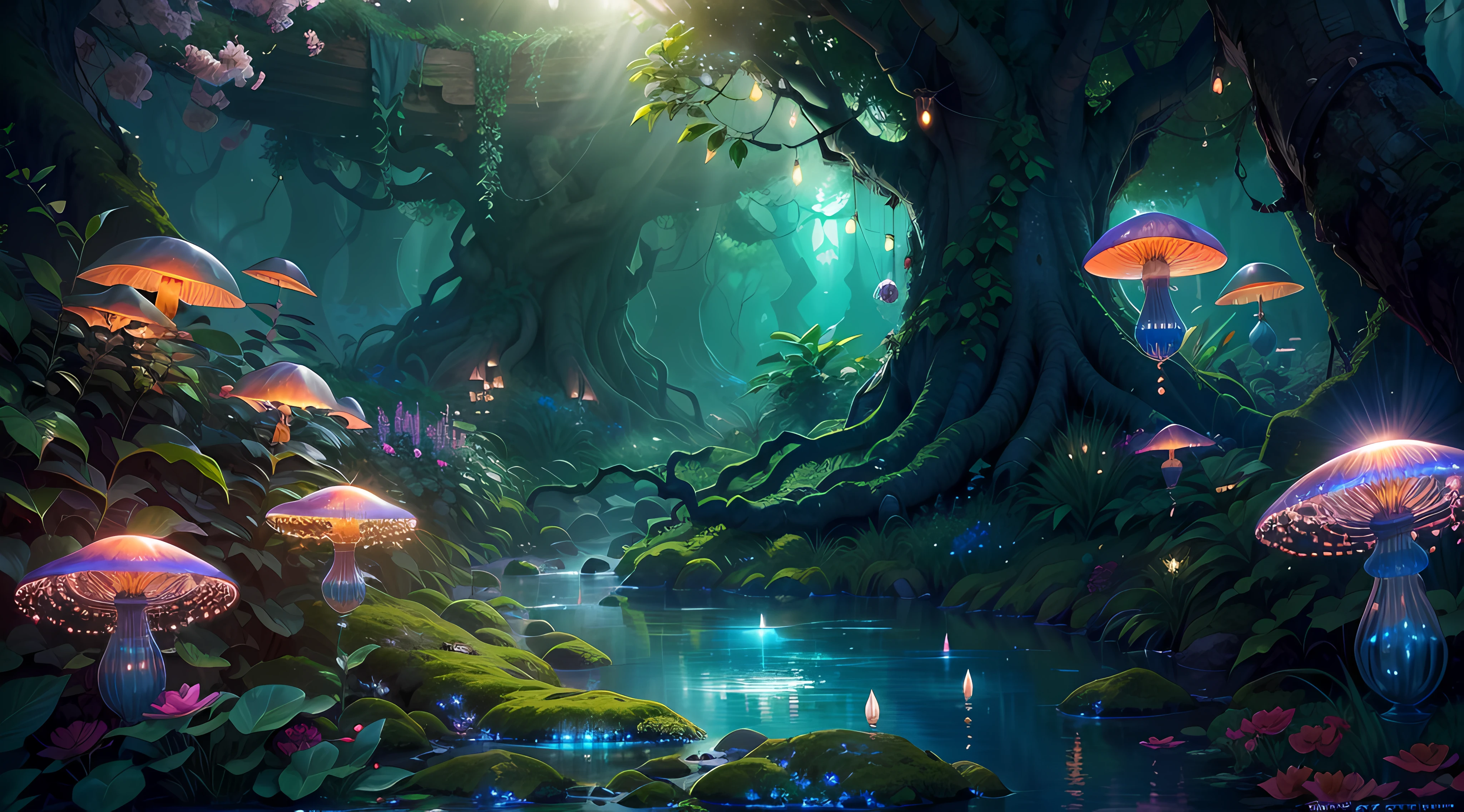 (best quality,4k,8k,highres,masterpiece:1.2),ultra-detailed,(realistic,photorealistic,photo-realistic:1.37),fantasy jungle,floating jellyfish,blue leaf,pink butterfly,firefly,glowing mushroom,strange-looking tree,black vines,strange-looking flowers,colorful flowers and tree,artistic rendering,ethereal atmosphere,vibrant colors,dappled sunlight,lush greenery,majestic tree canopies,mysterious shadows,unexplored paths,hidden creatures,enchanting foliage,whispering leaves,surreal plants,gentle rustling,illuminated petals,dream-like glow,mesmerizing luminescence,glimmering fireflies,twinkling stars,
mystical ambiance,intricate details,airy and magical,ethereal beauty,peaceful serenity,secluded oasis,enchanted escape,enigmatic depths,unearthly tranquility