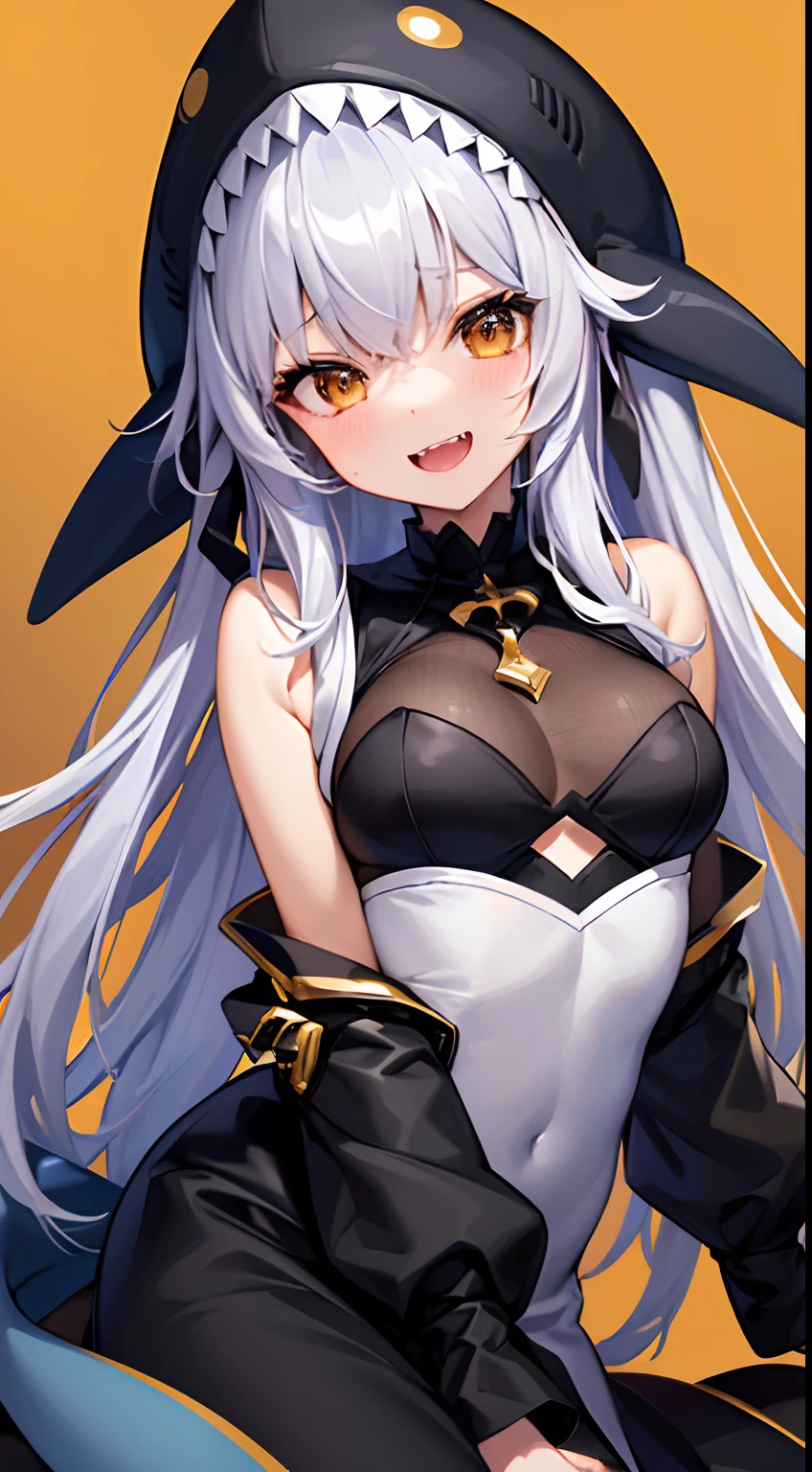 hight resolution、hightquality、ultra-detailliert、8k wallpaper、1人の女性、Beautiful fece、Wearing a shark costume、Teeth are shark fangs、Kamimei、Melancholy is in the air、Lovers feeling、Be loved、Familiarity、Lots of gold and black、Gold and black background