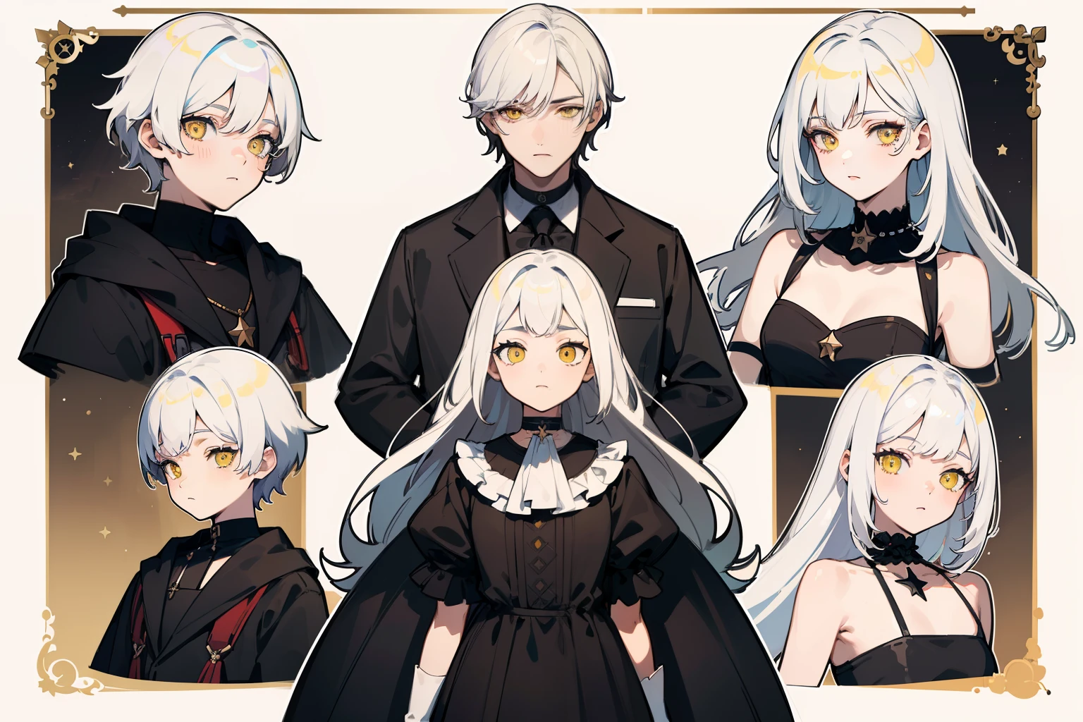 ((Masterpiece, Highest quality)), Detailed face, character sheets, full bodyesbian, Full of details, Multiple poses and expressions, Highly detailed, Depth, Many parts, 1boys , Children all over the body,White color hair，Black pick dye，Yellow eyes， mitts, Stockings, Black choker, The eye, Star (symbol), pupils in symbol shapes