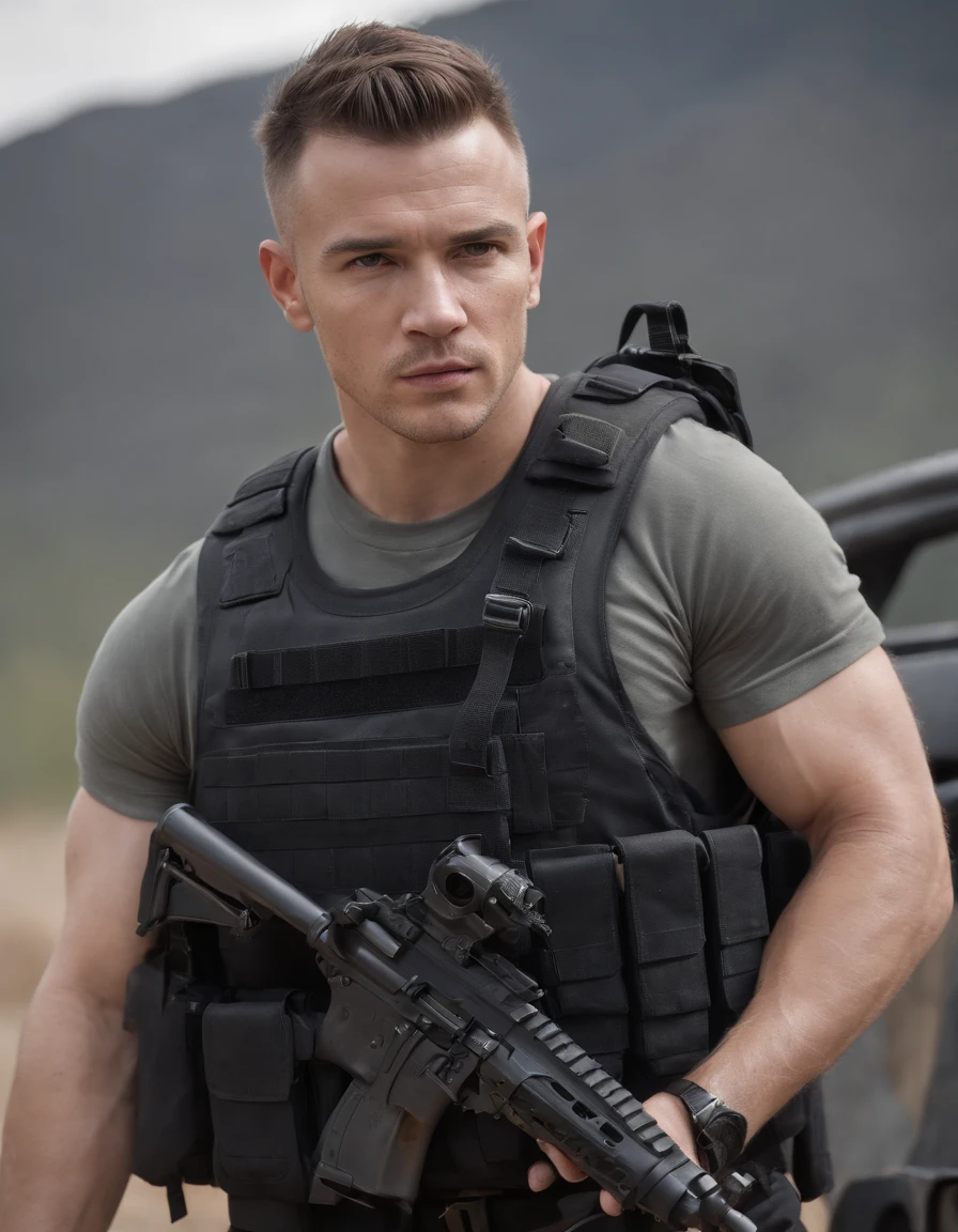 half body portrait, Military contractors, Masculine, Mohawk Short, Trained body, tattoo, Black Combat Suit, Cargo pants, Black tactical vest filled with magazines, Black holster containing pistol, Tactical Boots, Black SUV background