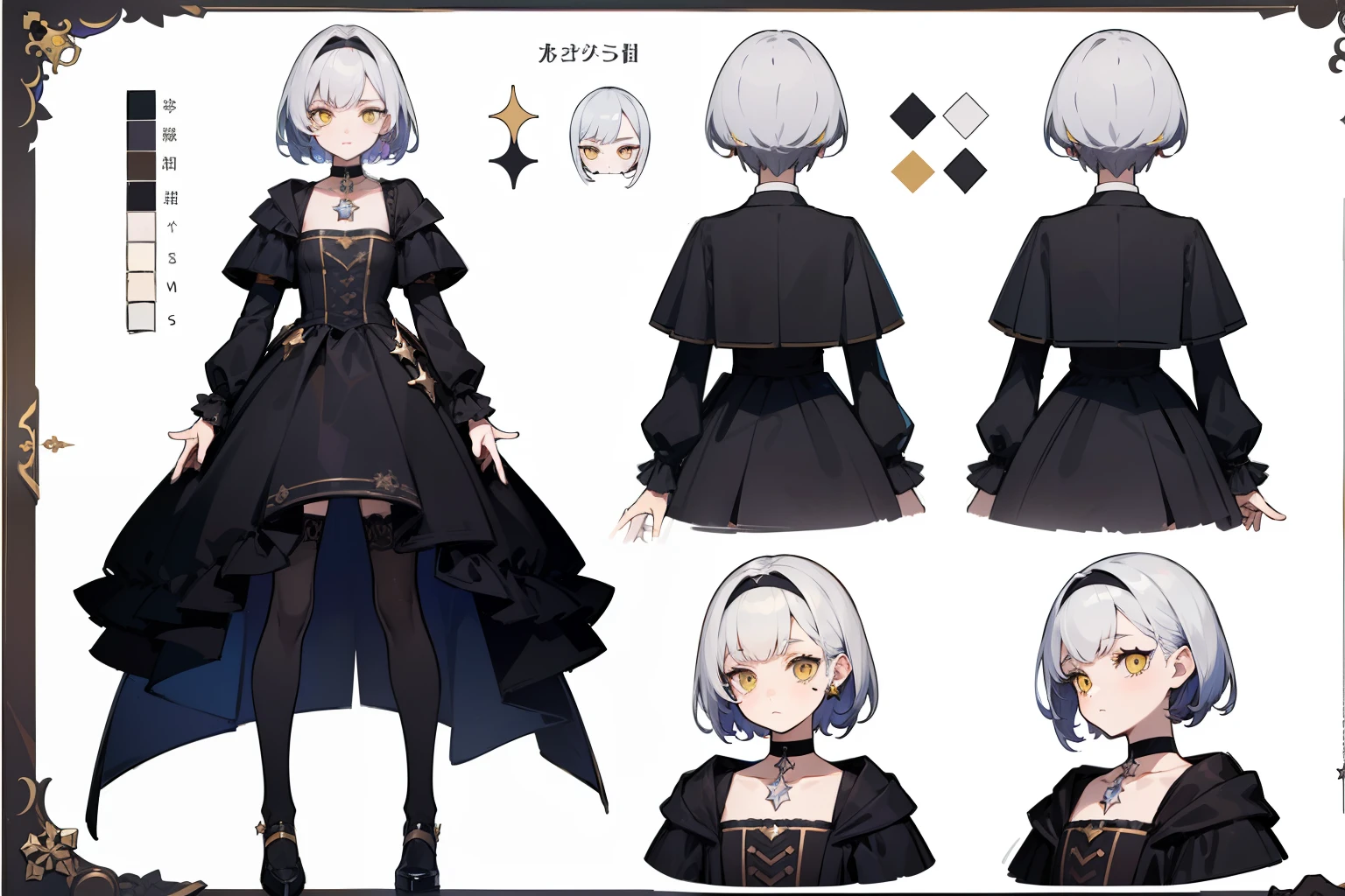 ((Masterpiece, Highest quality)), Detailed face, character sheets, full bodyesbian, Full of details, Multiple poses and expressions, Highly detailed, Depth, Many parts, 1boys , Children all over the body,White color hair，Black pick dye，Yellow eyes， mitts, Stockings, Black choker, The eye, Star (symbol), pupils in symbol shapes