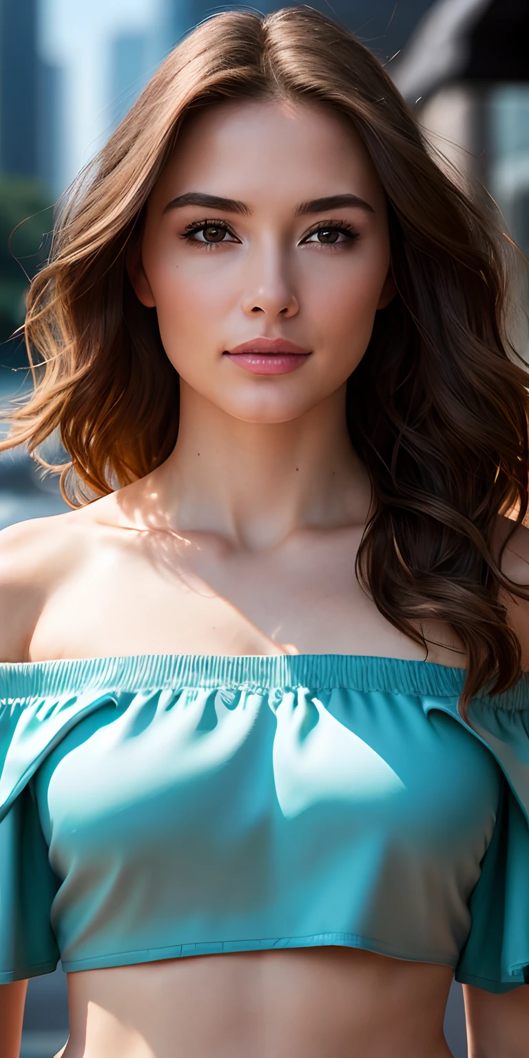 Face portrait of a 25-year-old European journalist and writer, she virtuous , .RAW, beautiful woman, Semi-open strawberry lip, Fossettes, expression nostalgique, (brown hair with extra long wavy), ((Detailed face)), ((Detailed facial features)), (Fine detailed skin), pale skinned, Cyberpunk Megacity Environment, (couleur froide), humide, humide, reflection, (masterpieceShot with Canon EOS R5 (detail) (Realistic photos) (detailed detail) Objectif 50mm, f/2.8, Hdr, (8k) (wallpaper) (lighting cinematic) (dramatic lighting) (mise au point nette) (complexe), Photographie .RAW, Photographie .RAW, Photographie Gigachad, Camera Pose, Jeans noirs, back arms, 8K UHD, DSLR, High quality, Grain film, Fujifilm XT3, Film Stock Photo 4 Kodak Portra 400 Camera F1.6 Lens Rich colors Ultra-realistic textures Dramatic lighting Unreal Engine Art Station Trends Cinestill 800 Tungsten, Toughboy Style, Ultra Focus Face, Intimidant, Position de combat, Messy Short Hair, muscles, Bursting Veins, chapelet, (( off-shoulder crop top)),