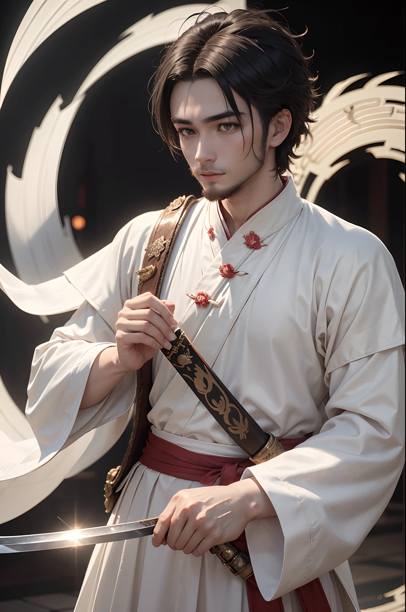 a 20 years old man, with a little beard, (wears white hanfu), with hair typed, (hold on a chinese sword in scabbard), (bright eyes), (cold eyes), gradient eyes, anime, reflection light, ray tracing, depth of field, cowboy shot, cinematic lighting, masterpiece, best quality, high details, highres, HD, 1080P