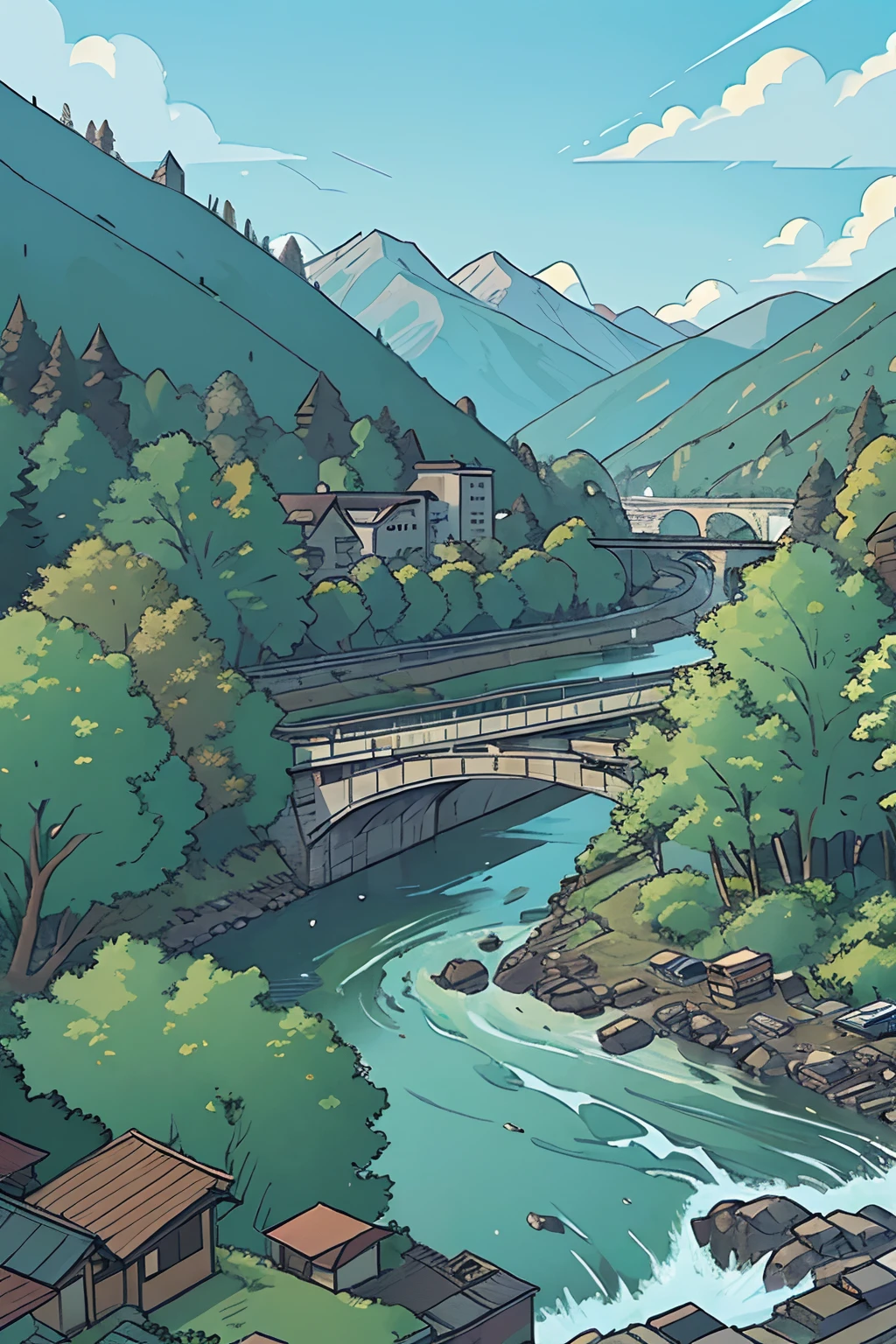 Urban cityscape、Destruction of nature、mont、a river、the woods