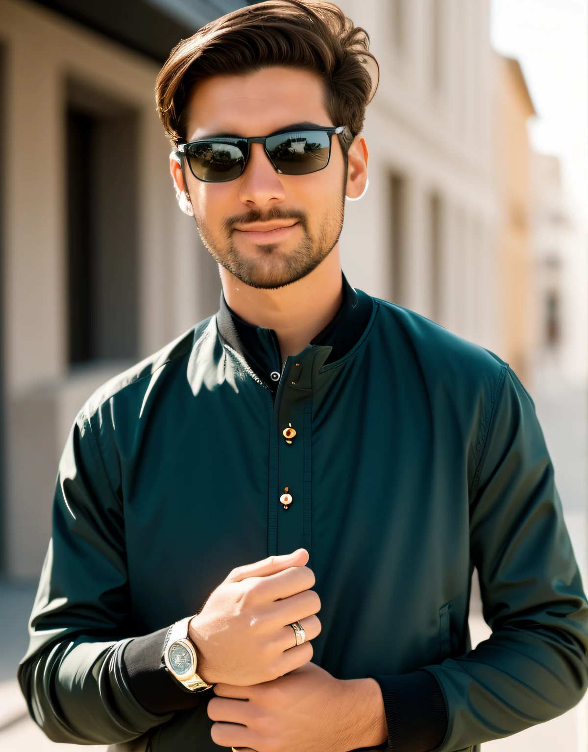 Perfect centering, , Wear a jacket, Wearing sunglasses, Wearing headphones, cheerfulness, Standing position, Abstract beauty, Centered, Looking at the camera, Facing the camera, Approaching perfection, Dynamic, Highly detailed, Smooth, Sharp Focus, 8K