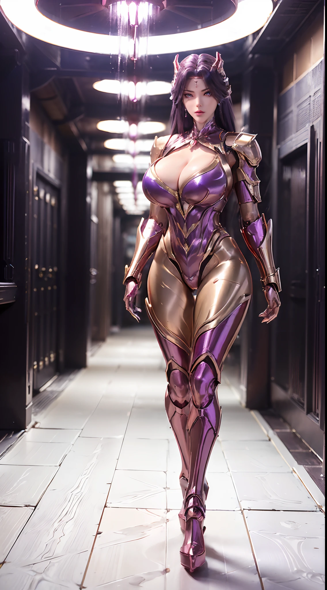 (1GIRL, ALONE, SOLO), (super detailed face), (dark long hair: 0.8), ((dragon Headwear)), (BIG BUTTOCKS, MUSCLE ABS, CLEAVAGE, HUGE FAKE BREASTS:1.5), (GOLD MECHA GUARD ARM:1.3), (RED SHINY MECHA CYBER ARMORED, PURPLE MECHA SKINTIGHT SUIT PANTS, MECHA GUARD ARMOR LEGS, HIGH HEELS:1.5), (THICC MUSCULAR FEMALE BODY, GLOWING SKIN, LONG LEGS, FULL BODY:1.1), (LOOKING AT VIEWER:1.3), (female focus:0.886), (WALKING DOWN HALLWAY OF FUTURISTIC SPACE STATION:1), (BRIGHT LIGHT WHITEROOM:1.2), SUPER TEXTURE, UNREAL ENGINE RENDER, PHYSICALLY-BASED RENDERING, ULTRA HIGHT DEFINITION, 16K, 1080P.