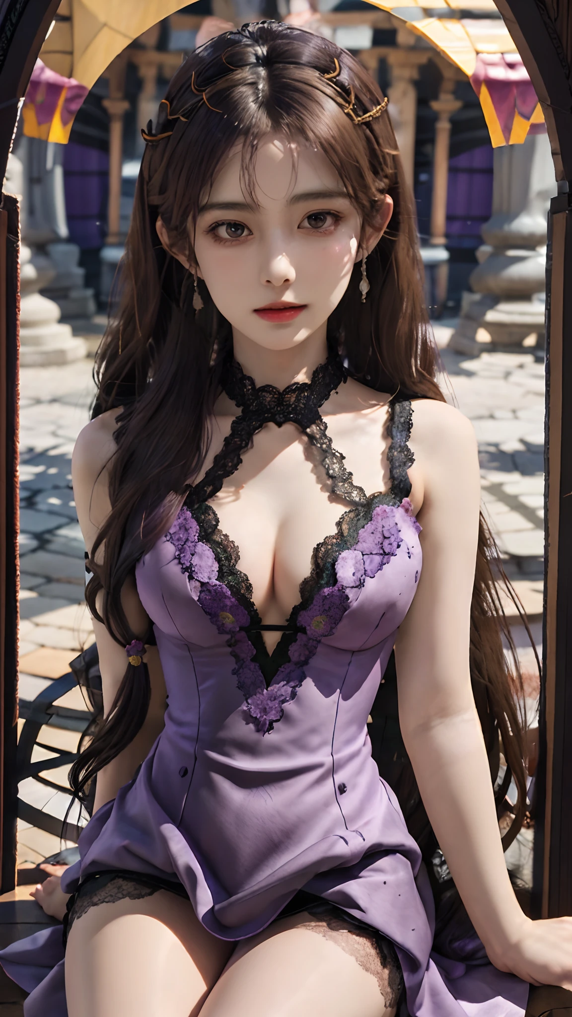 official art, unity 8k wallpaper, ultra detailed, beautiful and aesthetic, High quality, beautiful, masterpiece, best quality, 1 queen, small bust, (round bust:1.5) , (Long hair:1.5) , (zentangle, mandala, tangle, entangle:0.6) , (beautiful dress:1.2) , (purple Lace:1.2) , (bare waist:1) , (thigh high:1.2) , (closed up:1.2) , sitting poses,