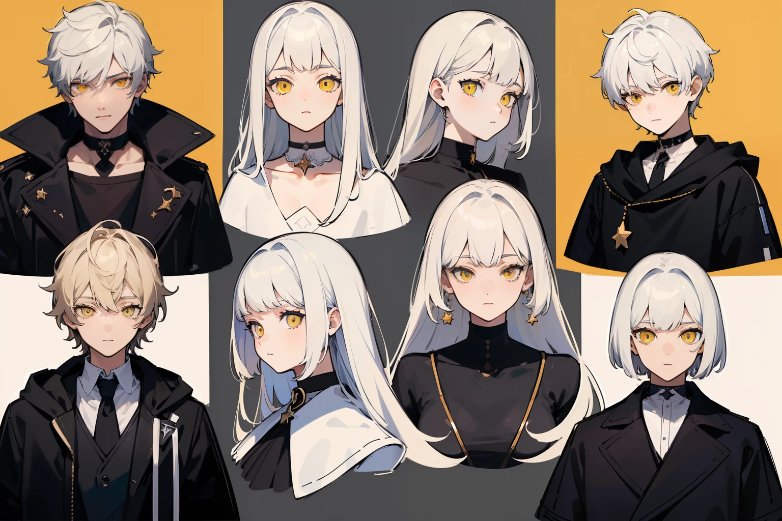 ((Masterpiece, Highest quality)), Detailed face, character sheets, full bodyesbian, Full of details, Multiple poses and expressions, Highly detailed, Depth, Many parts, 1boys , Children all over the body,White color hair，Black pick dye，Yellow eyes， mitts, Stockings, Black choker, The eye, Star (symbol), pupils in symbol shapes