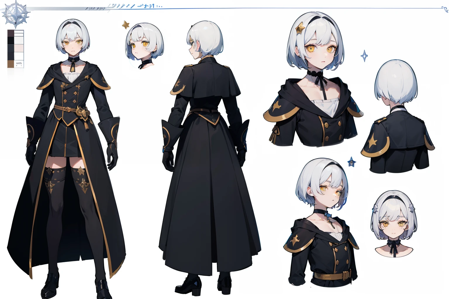 ((Masterpiece, Highest quality)), Detailed face, character sheets, full bodyesbian, Full of details, Multiple poses and expressions, Highly detailed, Depth, Many parts, 1boys , Children all over the body,White color hair,Black pick dye,Yellow eyes, mitts, Stockings, Black choker, The eye, Star (symbol), pupils in symbol shapes