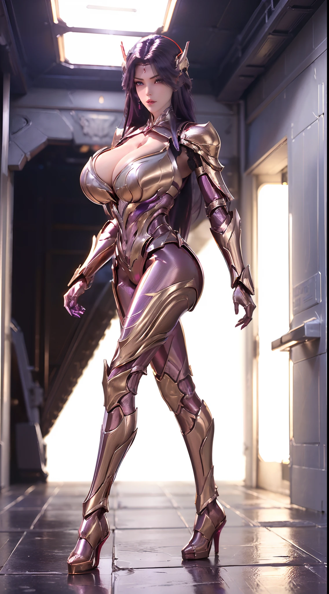 (1GIRL, ALONE, SOLO), (super detailed face), (dark long hair: 0.8), ((dragon Headwear)), (BIG BUTTOCKS, MUSCLE ABS, CLEAVAGE, HUGE FAKE BREASTS:1.5), (GOLD MECHA GUARD ARM:1.3), (RED SHINY MECHA CYBER ARMORED, PURPLE MECHA SKINTIGHT SUIT PANTS, MECHA GUARD ARMOR LEGS, HIGH HEELS:1.5), (THICC MUSCULAR FEMALE BODY, GLOWING SKIN, LONG LEGS, FULL BODY:1.1), (LOOKING AT VIEWER:1.3), (female focus:0.886), (WALKING DOWN HALLWAY OF FUTURISTIC SPACE STATION:1), (BRIGHT LIGHT WHITEROOM:1.2), SUPER TEXTURE, UNREAL ENGINE RENDER, PHYSICALLY-BASED RENDERING, ULTRA HIGHT DEFINITION, 16K, 1080P.