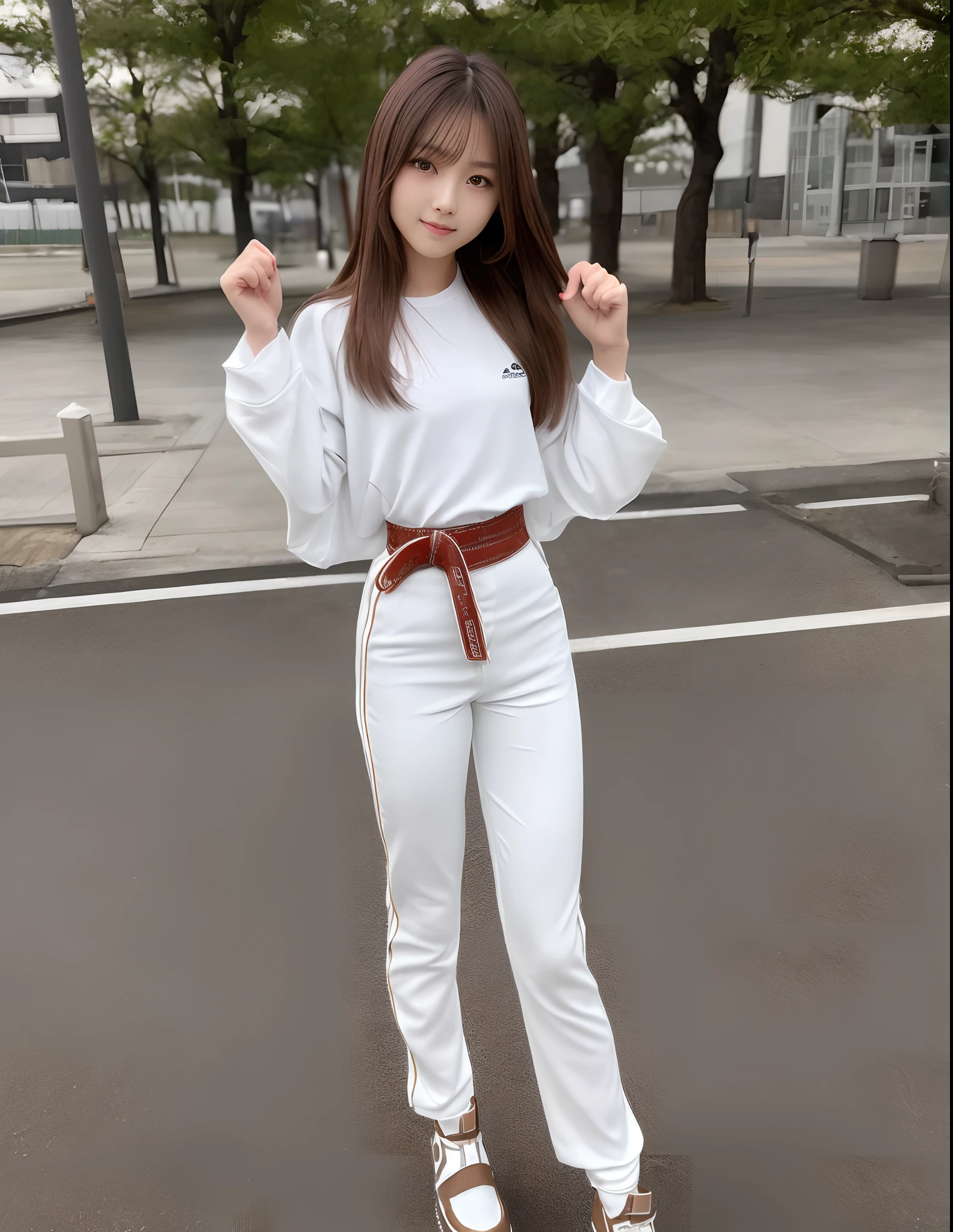 (Photorealsitic)(sixteen years old), Perfectly beautiful woman, (Full body 8K portrait), Stick out your fist, Large and dynamic hand and foot movements, Correct skeleton, White Karate Uniform, White karate pants, Large bust,Stand alone, Perfect facial detail, (Smile: 1.15), attractive beautiful face, gazing at viewer, a small face, 二重まぶた, Beautiful detailed eyes, long eyeslashes, ligh brown hair, Hairstyle is bob style, Toned waist, Beautiful thin legs, toned ankles, bare-legged ,TOKYOcty