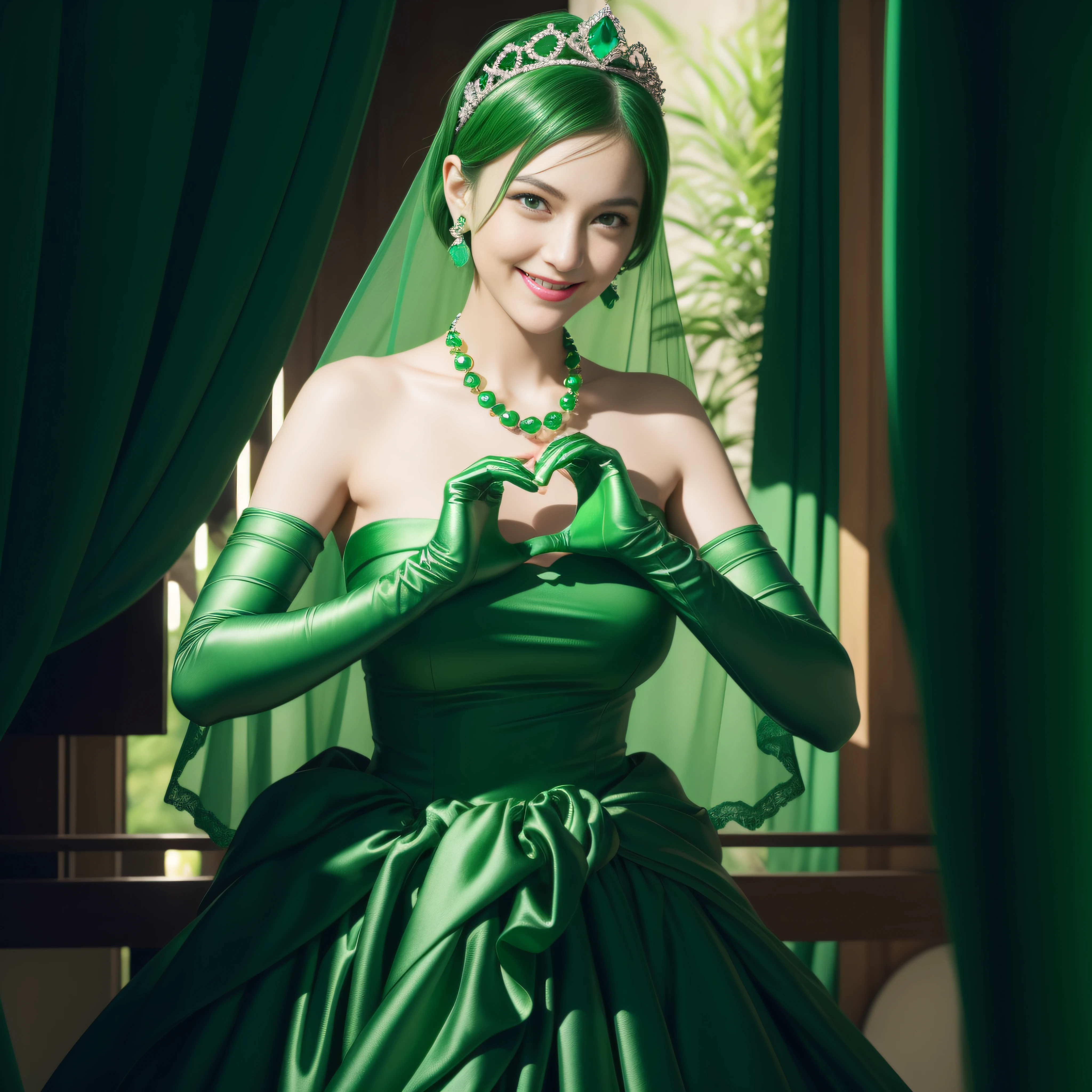 emerald tiara, Green Pearl Necklace, Boyish very short green hair, lipsticks, Japan woman smiling, very short short hair, big breasts beautiful, Green eyes, Long green gloves made of satin material, Green eyes, Emerald Earrings, green vale, Heart with both hands