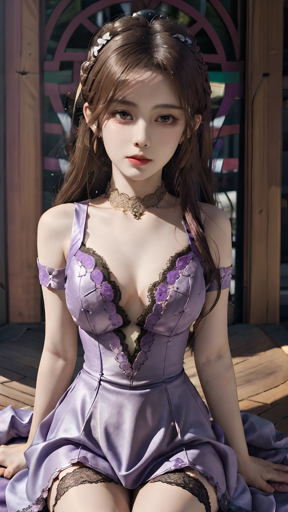 official art, unity 8k wallpaper, ultra detailed, beautiful and aesthetic, High quality, beautiful, masterpiece, best quality, 1 queen, small bust, (round bust:1.5) , (Long hair:1.5) , (zentangle, mandala, tangle, entangle:0.6) , (beautiful dress:1.2) , (purple Lace:1.2) , (bare waist:1) , (thigh high:1.2) , (closed up:1.2) , sitting poses,