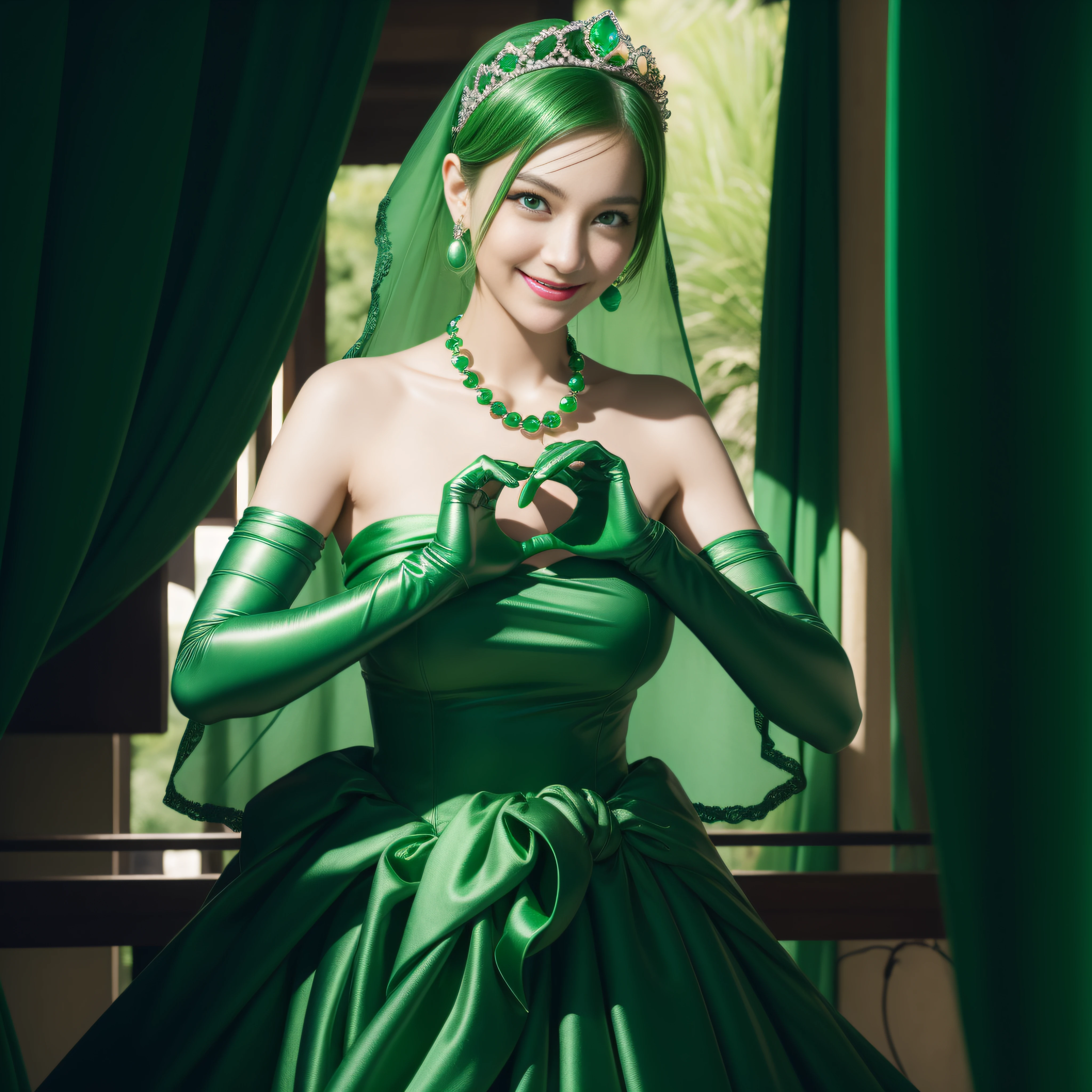 emerald tiara, Green Pearl Necklace, Boyish very short green hair, lipsticks, Japan woman smiling, very short short hair, big breasts beautiful, Green eyes, Long green gloves made of satin material, Green eyes, Emerald Earrings, green vale, Heart with both hands