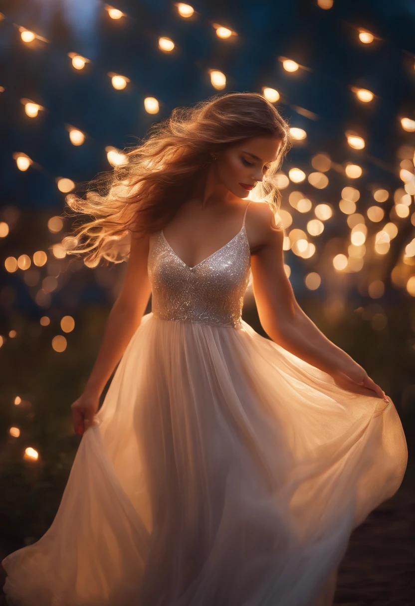 (High-res,Photorealistic),Bright glowing lights,Pulsating colors,Ethereal atmosphere,Beautiful detailed eyes,Delicate lips,Long flowing hair,Exquisite features,Loose floaty dress,Playful and cheerful expression,Radiant skin,Enchanted smile,Fantastic environment,fairytale atmosphere,Illuminated background,Lights dancing around her,sparkling reflections,Playful interactive lights,Ripples of light and color,Joyful and energetic scene