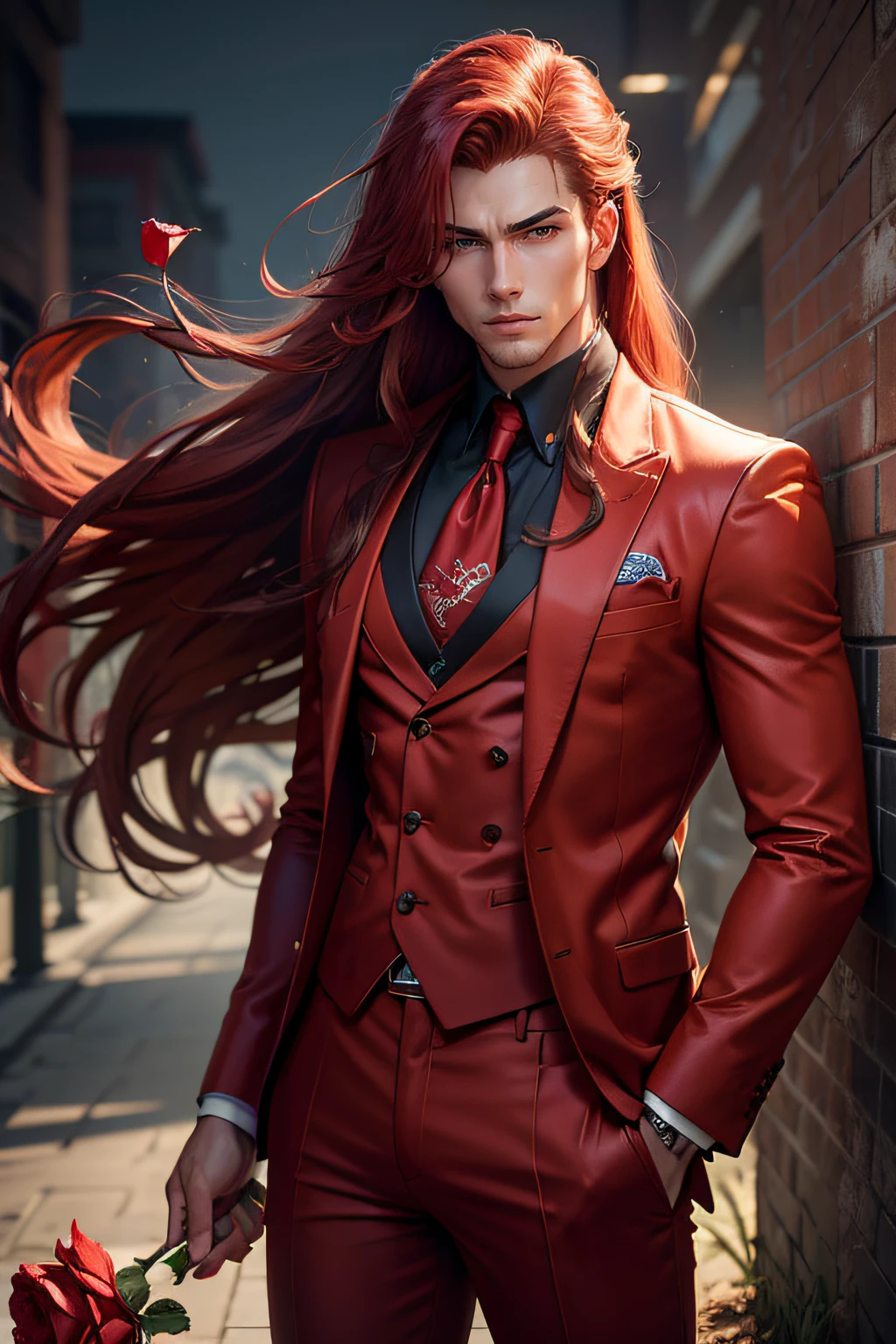 a handsome guy with long hair from anime, clean shave, red hair, wearing red suit, modern red outfit, very handsome, standing pose, detailed face, detailed masculine body, (reality: 1.4), (A hyper-realistic), (high resolution), (8K), (highly detailed), ( Best Illustration), (detailed eyes), (ultra-detailliert), Bright lighting, Professional Lighting, The background is dirty wall with graffiti., floating red petals around. holding a red rose.