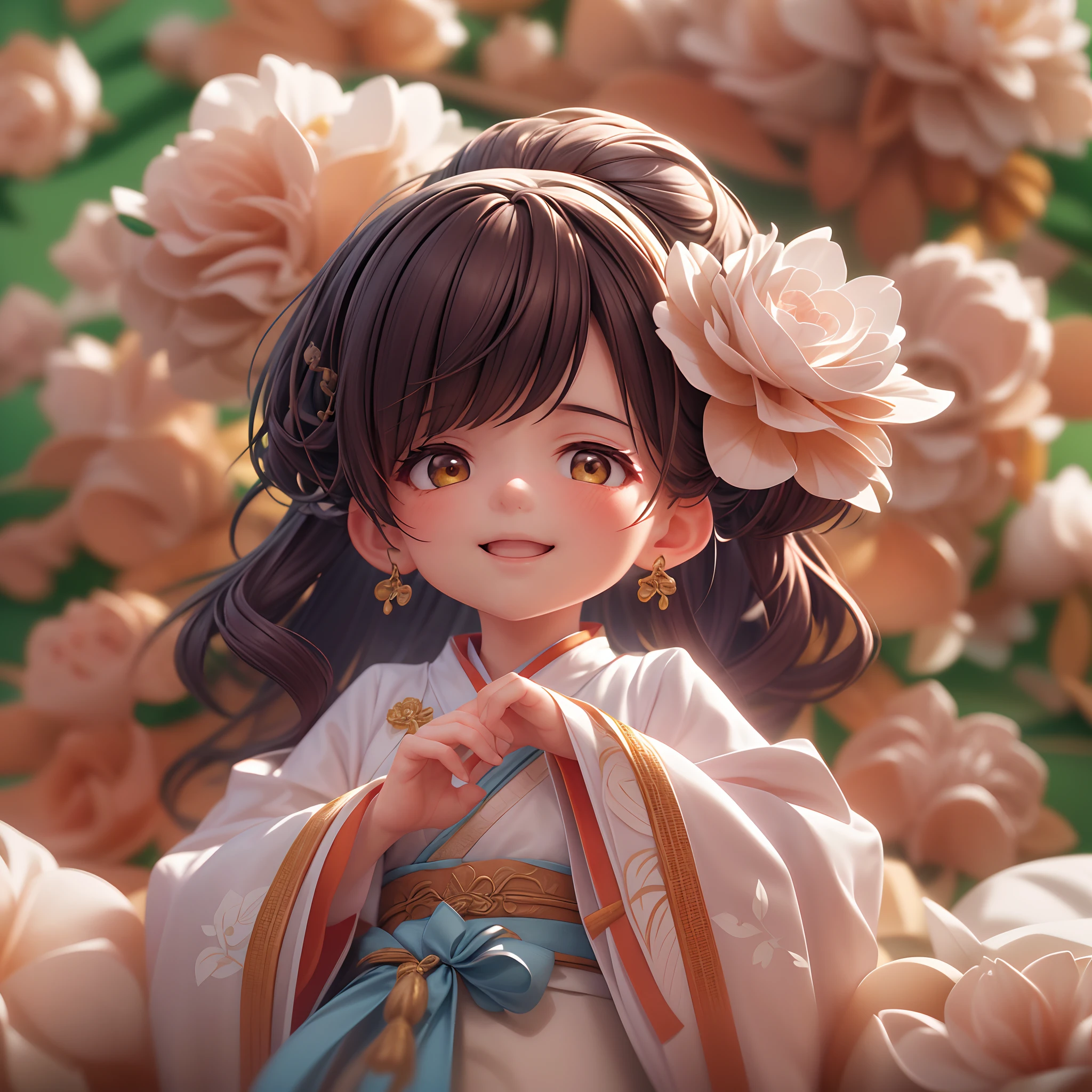 cinematic angle,( cute female child,anatomically correct,full body,Masterpiece camellia,Masterpiece Hanfu,smile),(illustration,paper art,a 3D render),(extremely colorful, Best quality, high detailed, Masterpiece, Cinematic Lighting, 4K, Chiaroscuro)