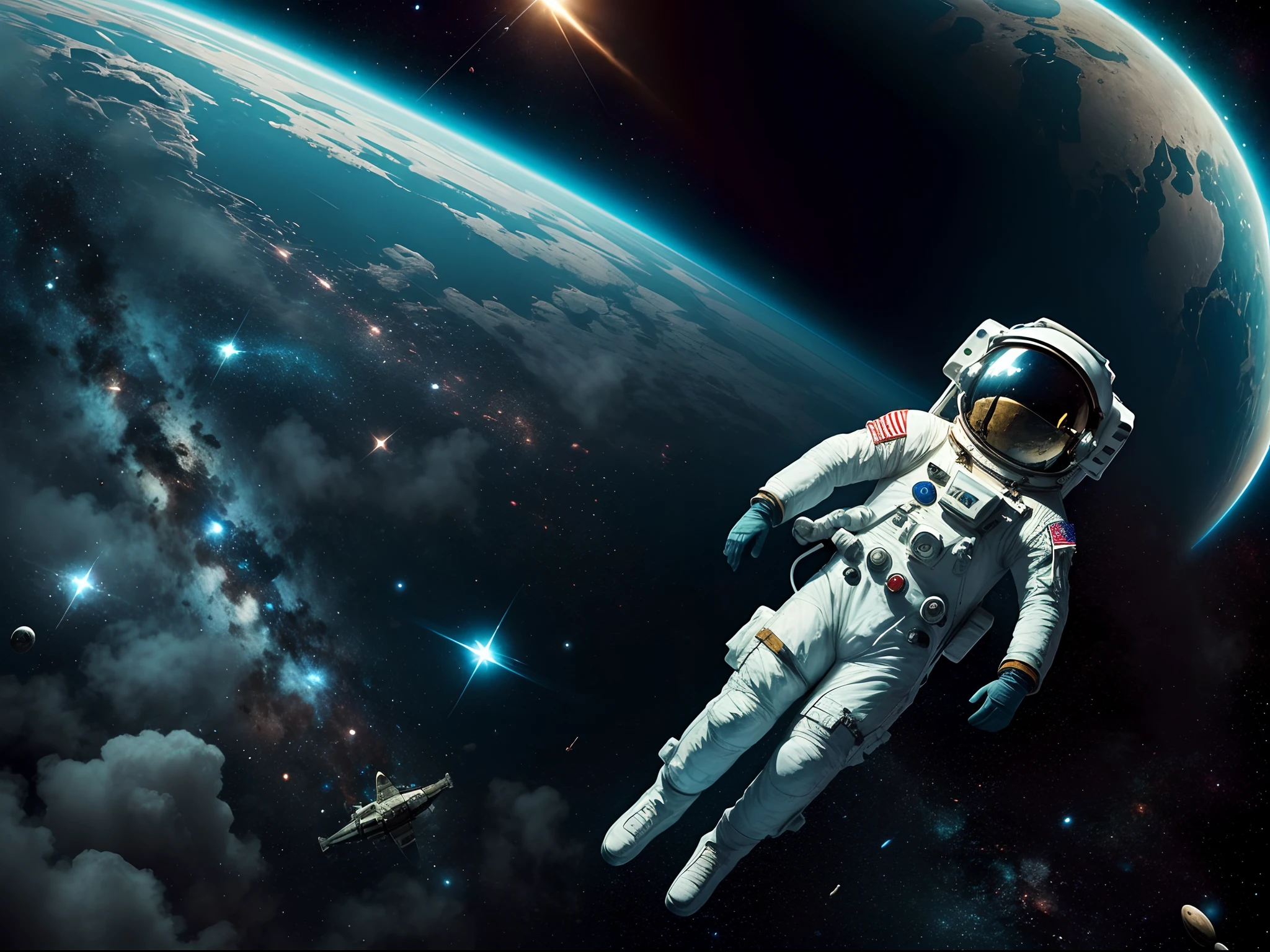 The astronaut,Wearing a retro spacesuit,floats in space,There are many shipwrecks in space --auto