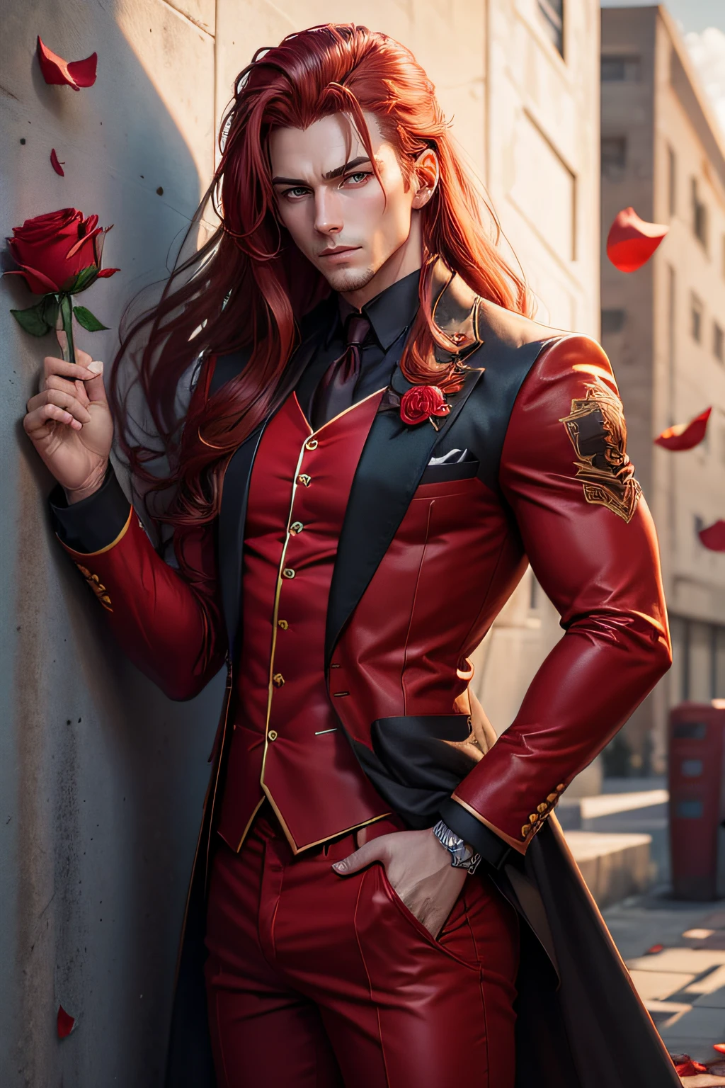 a handsome guy with long hair from anime, clean shave, red hair, wearing red suit, modern red outfit, very handsome, standing pose, detailed face, detailed masculine body, (reality: 1.4), (A hyper-realistic), (high resolution), (8K), (highly detailed), ( Best Illustration), (detailed eyes), (ultra-detailliert), Bright lighting, Professional Lighting, The background is dirty wall with graffiti., floating red petals around. holding a red rose.